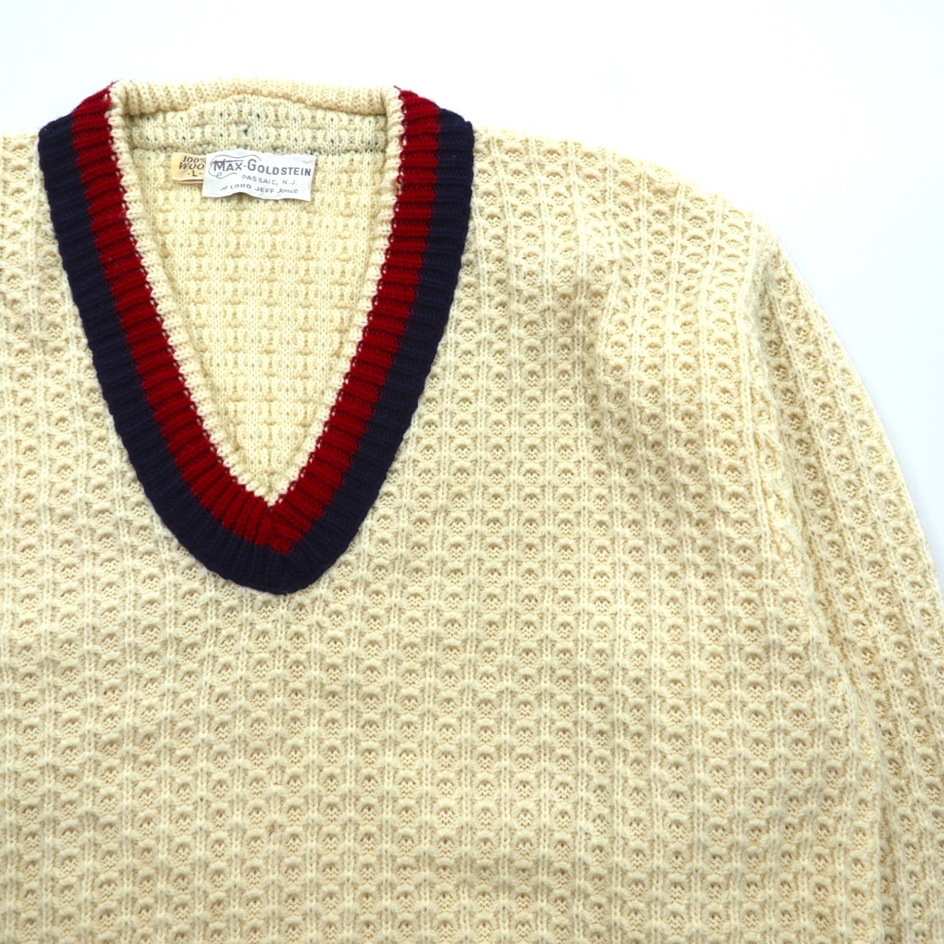 60s USA UNION MADE Vintage Knitweat ワッフル編み チルデン ニット セーター L 生成り ナチュラル ウール MAX-GOLDSTEIN Lord Jeff Knit 60年代 USA製