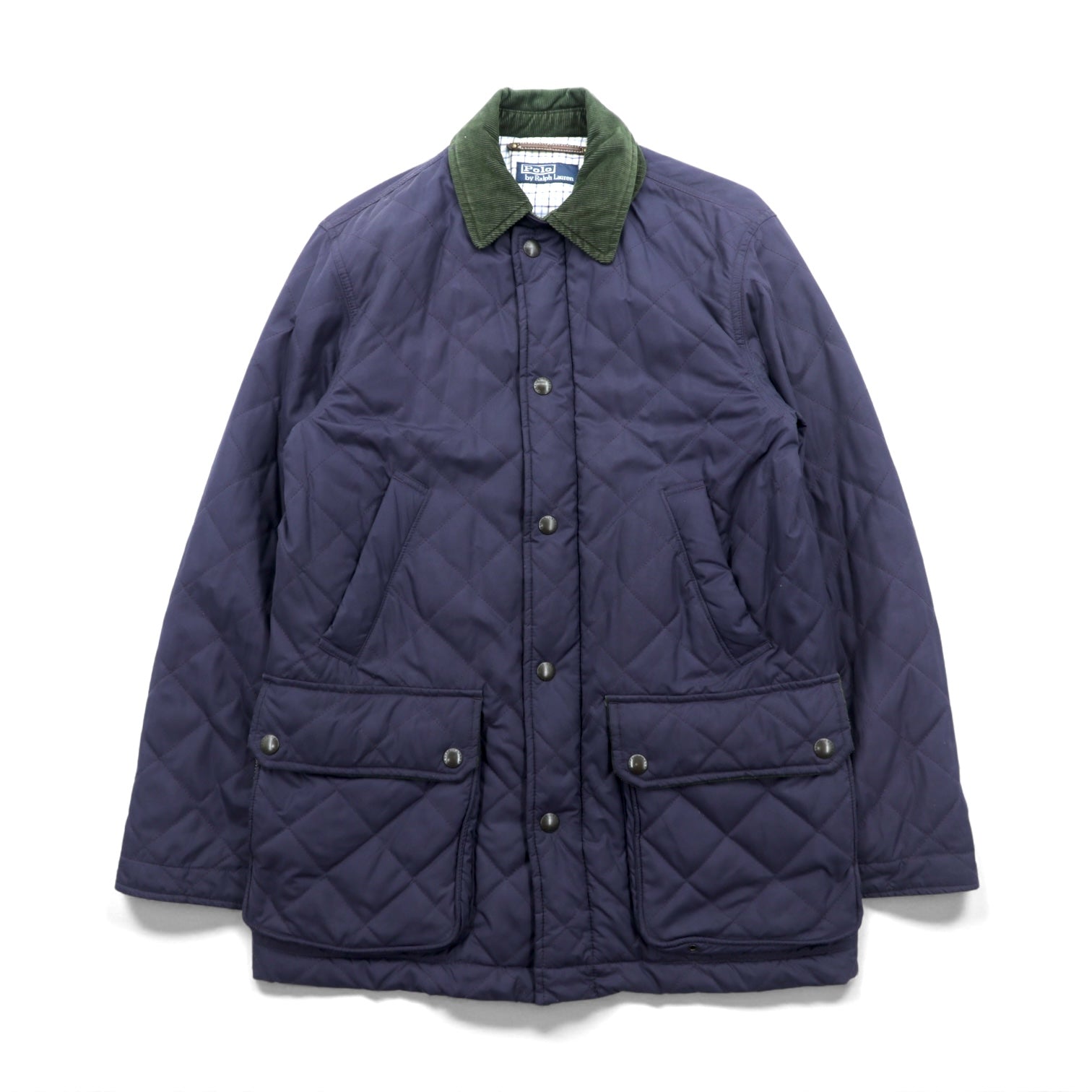 Polo Ralph Lauren 90年代 中綿 キルティングジャケット L ネイビー 襟コーデュロイ ダブルジップ チンストラップ エルボーパッチ 裏地チェック