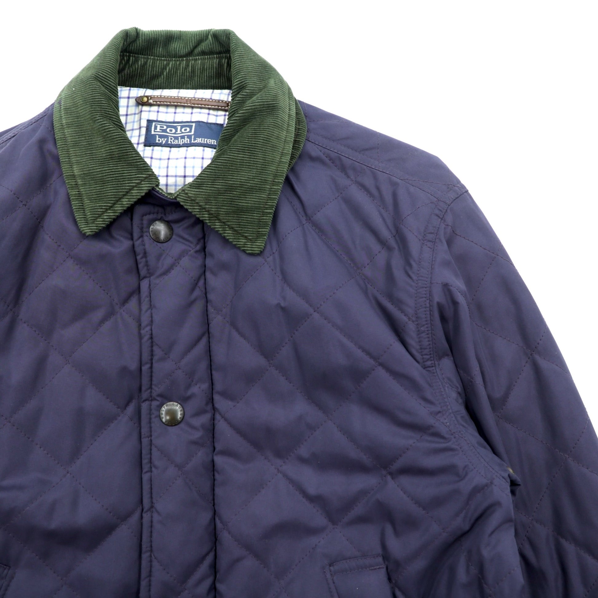 Polo Ralph Lauren 90年代 中綿 キルティングジャケット L ネイビー 襟コーデュロイ ダブルジップ チンストラップ エルボーパッチ 裏地チェック
