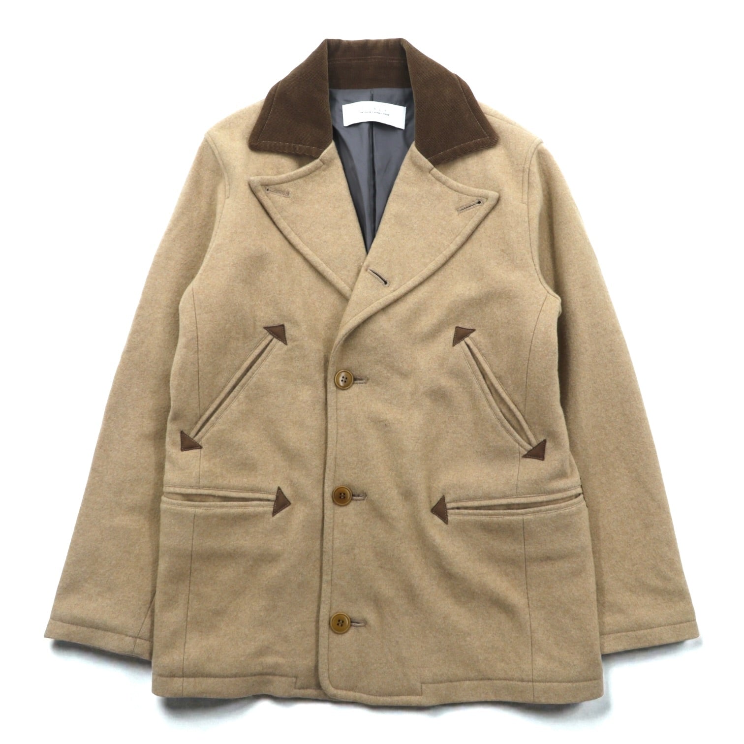 CURLY シングルオフィサー ピーコート M ベージュ 襟コーデュロイ ピークドラペル SINGLE OFFICER PEA COAT 日本製