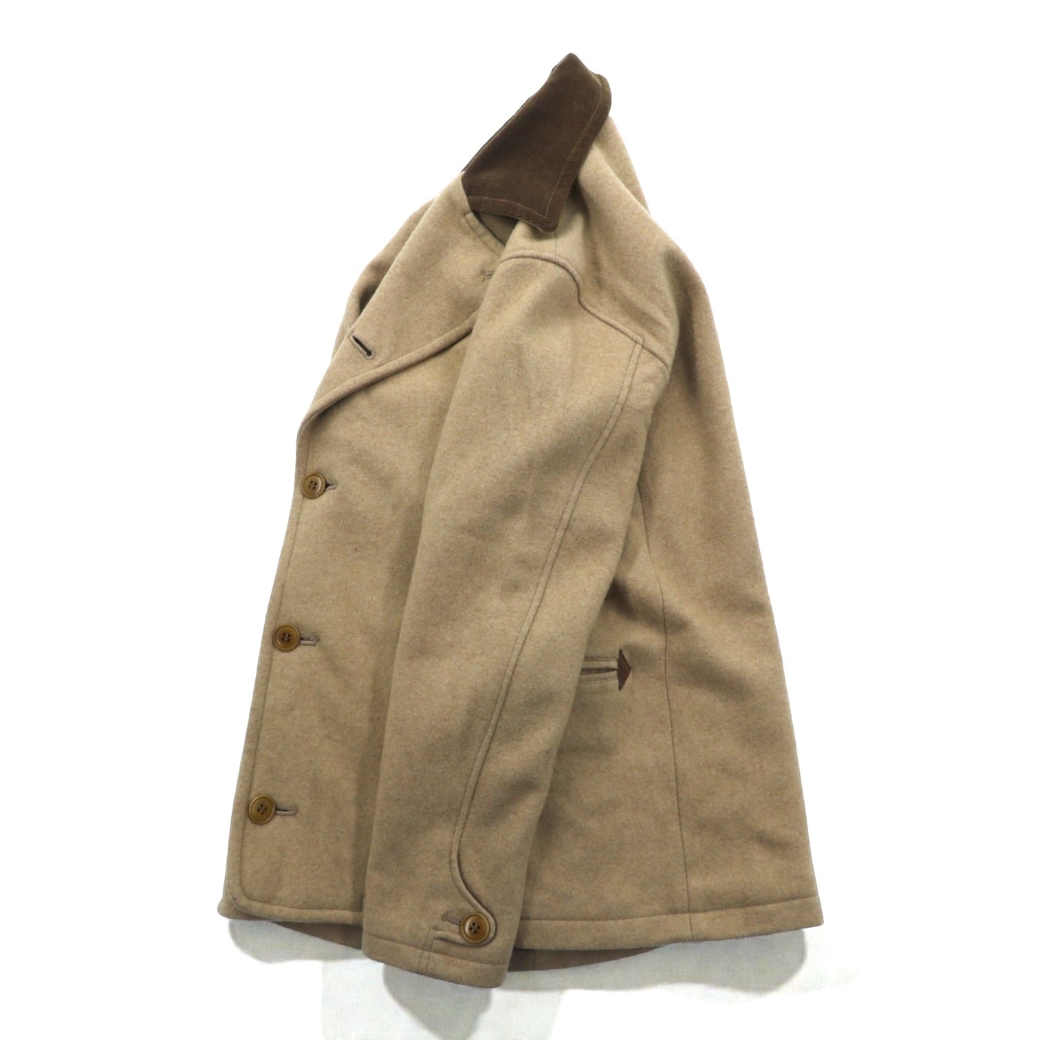 CURLY シングルオフィサー ピーコート M ベージュ 襟コーデュロイ ピークドラペル SINGLE OFFICER PEA COAT 日本製
