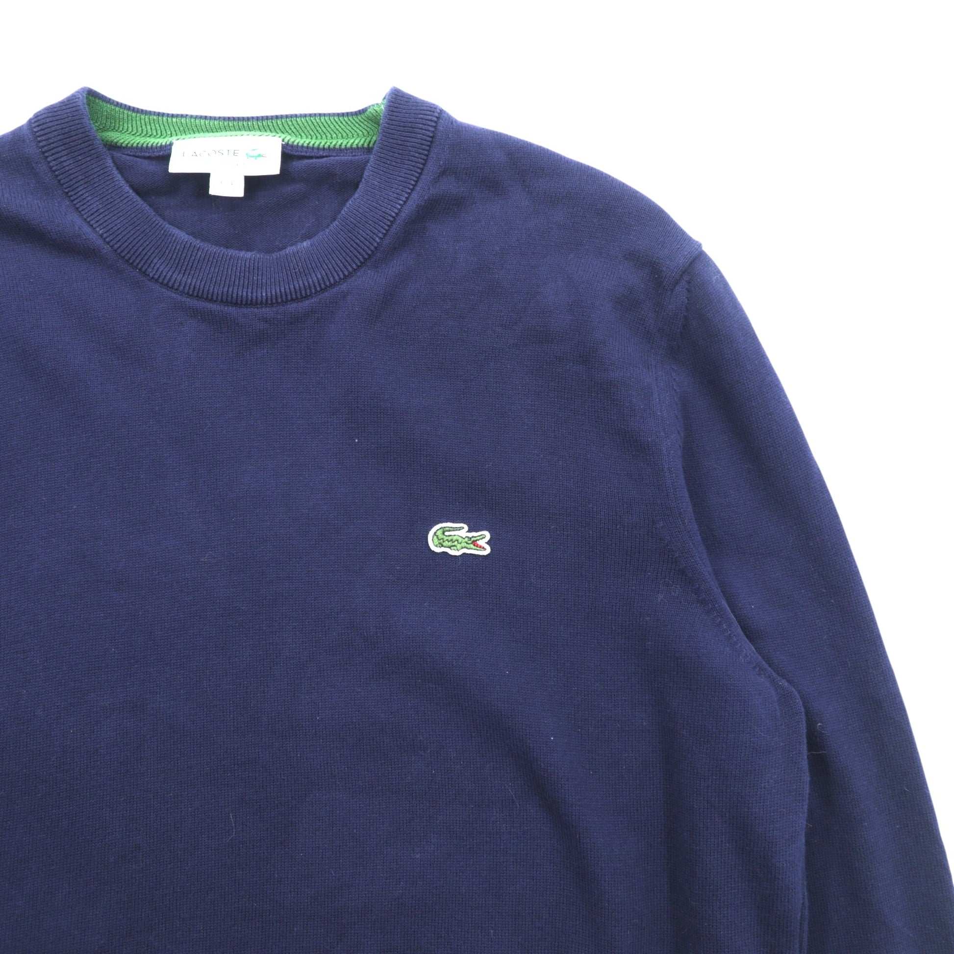 LACOSTE オーガニックコットン クルーネック ニット セーター M ネイビー REGULAR FIT ワンポイントロゴ AH1985