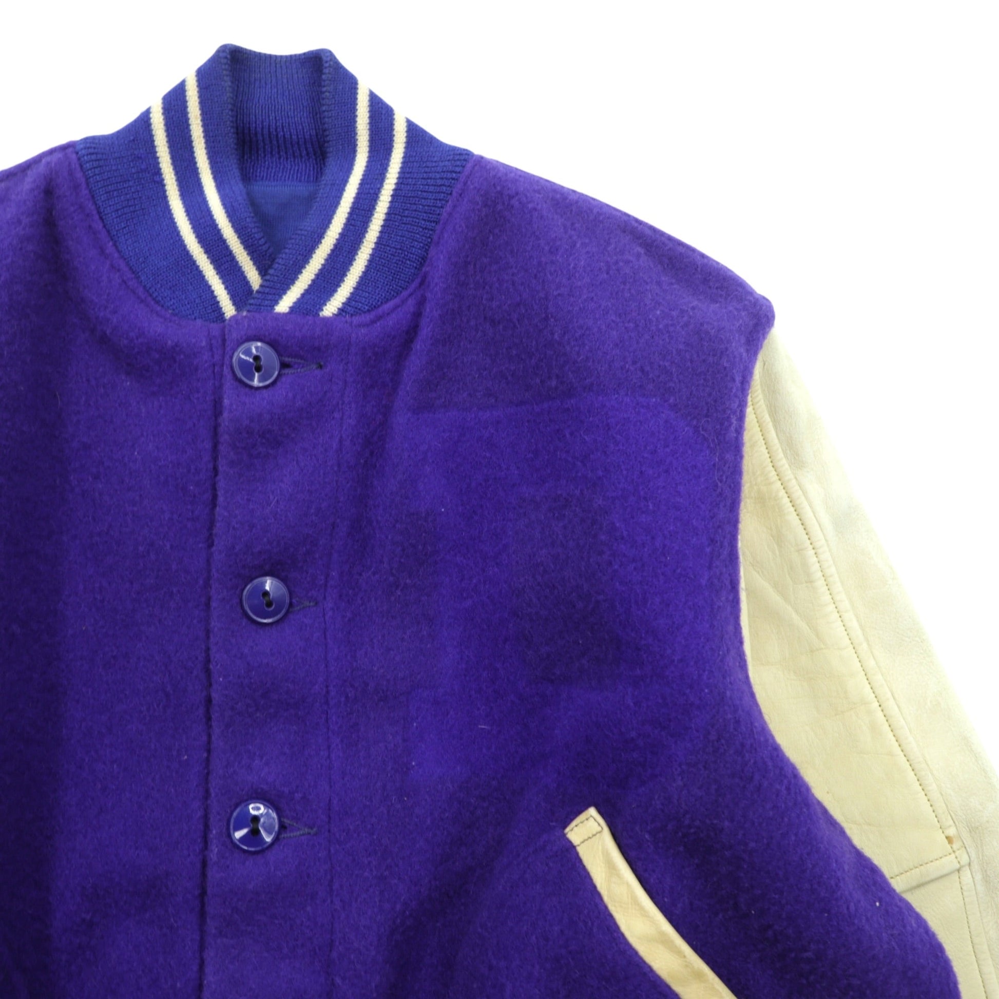 40年代 Vintage LOWE & CAMPBELL 袖レザー切り替え ボタスタ スタジャン L ブルー ウール