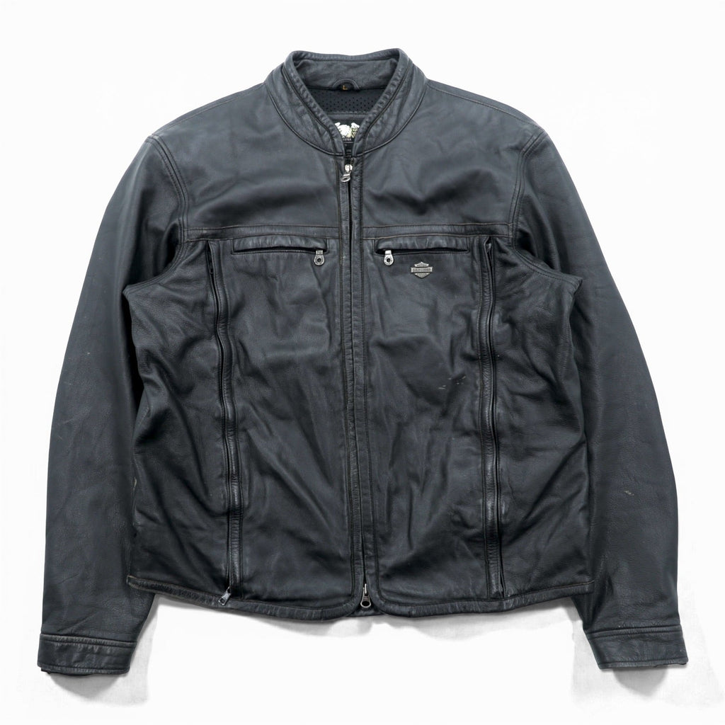 HARLEY DAVIDSON シングル ライダースジャケット L ブラック ダブルジップ レザー 本革 バック エンボスロゴ