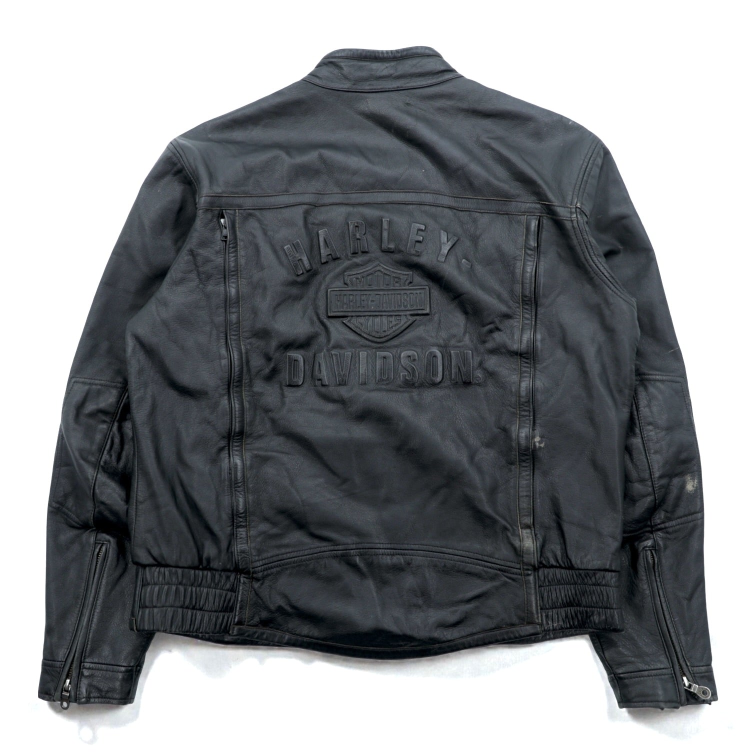 HARLEY DAVIDSON シングル ライダースジャケット L ブラック ダブルジップ レザー 本革 バック エンボスロゴ