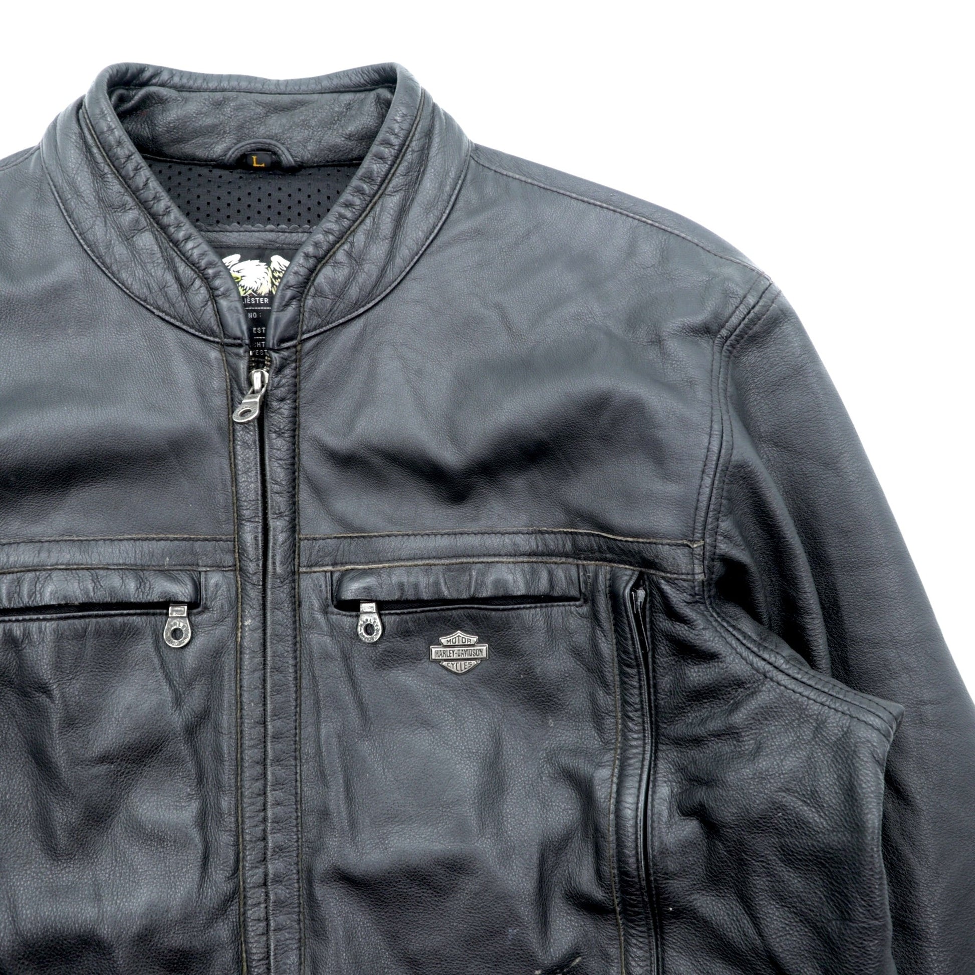 HARLEY DAVIDSON シングル ライダースジャケット L ブラック ダブルジップ レザー 本革 バック エンボスロゴ