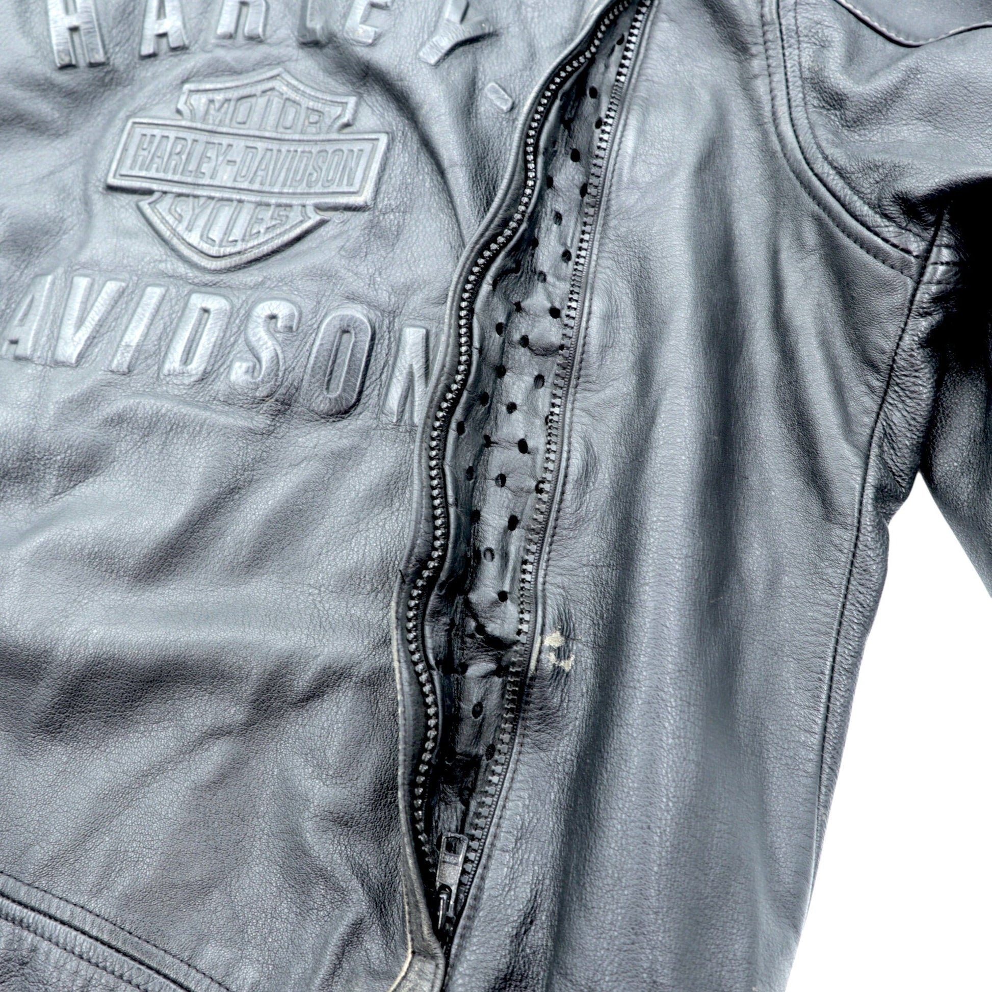 HARLEY DAVIDSON シングル ライダースジャケット L ブラック ダブルジップ レザー 本革 バック エンボスロゴ