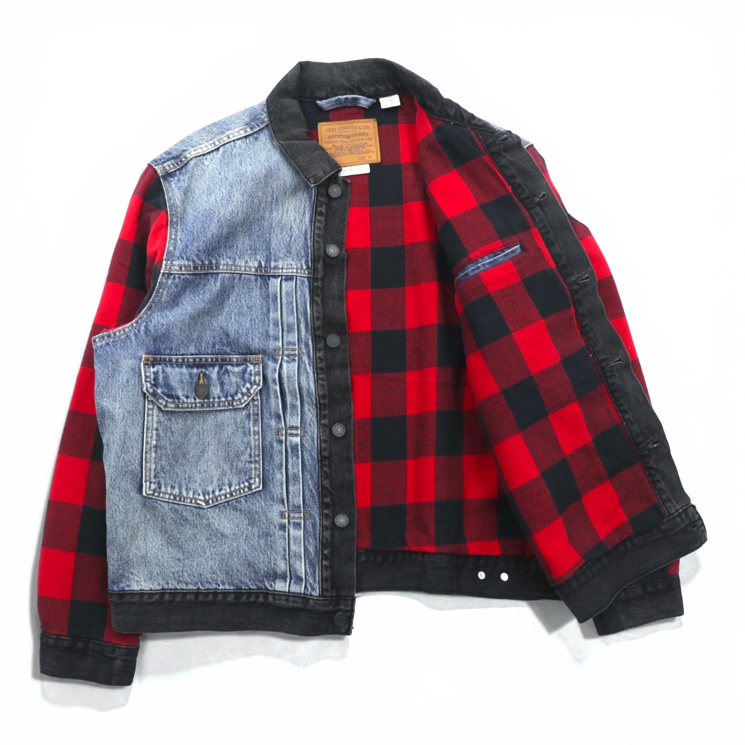 Levi's PREMIUM 2ndタイプ ハイブリッド トラッカージャケット ビッグE デニムジャケット M プリーツ 再構築 バッファローチェック フランネル TYPE II HYBRID 77382-0000