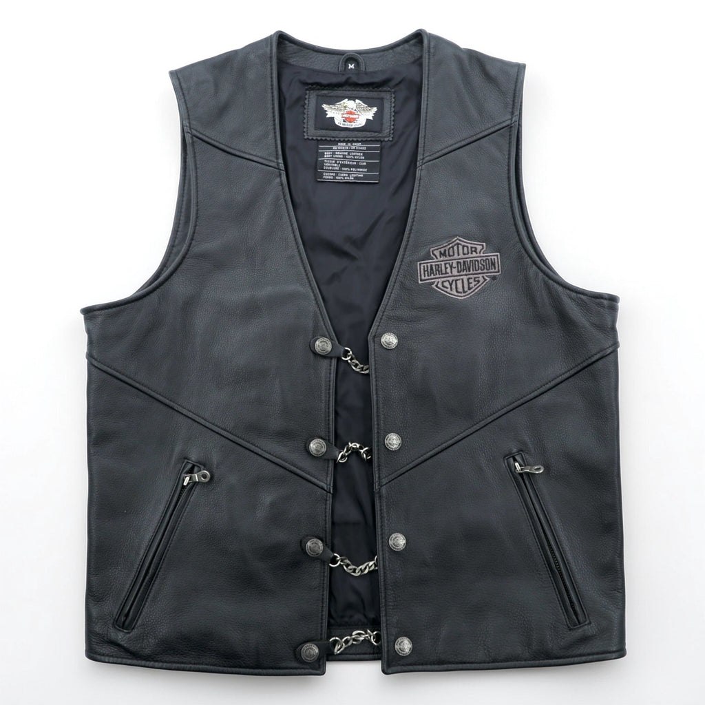 HARLEY DAVIDSON チェーンフロント レザーベスト M ブラック チェーンボタン レースアップ 刺繍 バイカー