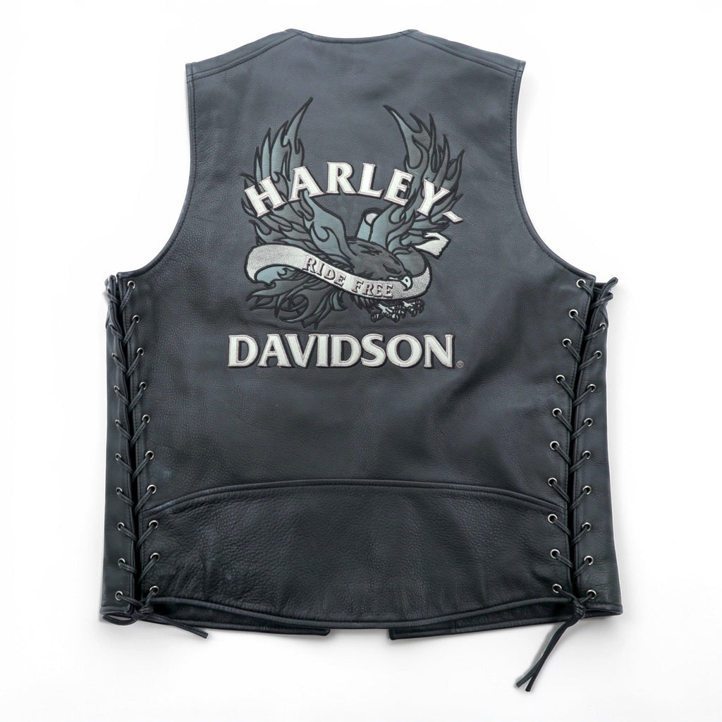 HARLEY DAVIDSON チェーンフロント レザーベスト M ブラック チェーンボタン レースアップ 刺繍 バイカー