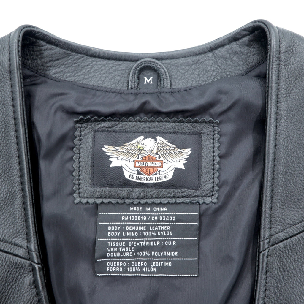 HARLEY DAVIDSON チェーンフロント レザーベスト M ブラック チェーンボタン レースアップ 刺繍 バイカー