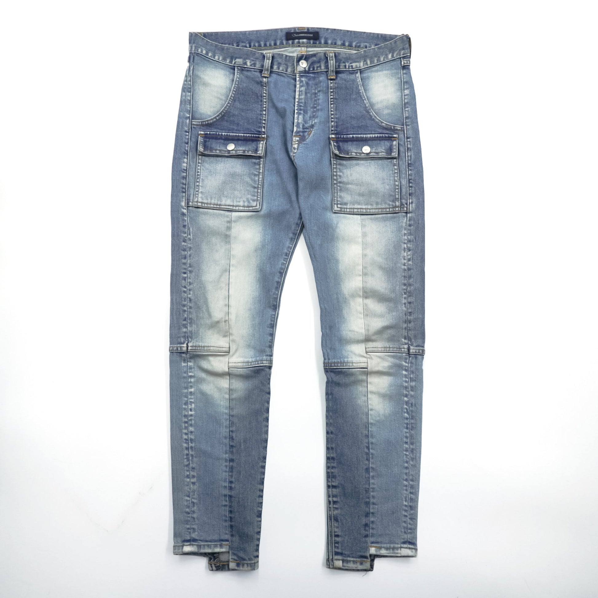 John UNDERCOVER デニムパンツ ジーンズ ブッシュパンツ M インディゴ ストレッチ カーゴポケット 切替 リメイク 再構築 JUQ4501-1 日本製