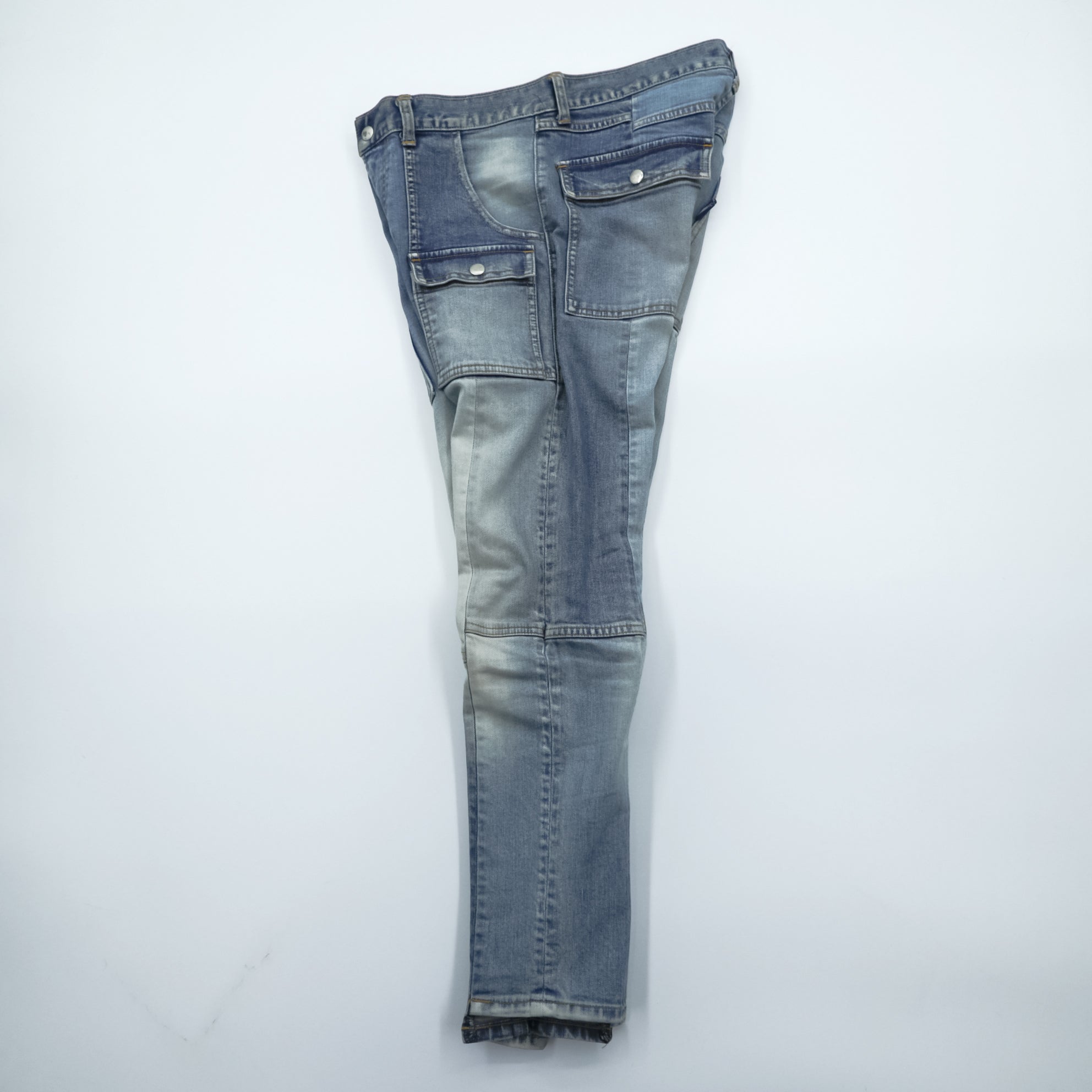 John UNDERCOVER デニムパンツ ジーンズ ブッシュパンツ M インディゴ ストレッチ カーゴポケット 切替 リメイク 再構築 JUQ4501-1 日本製