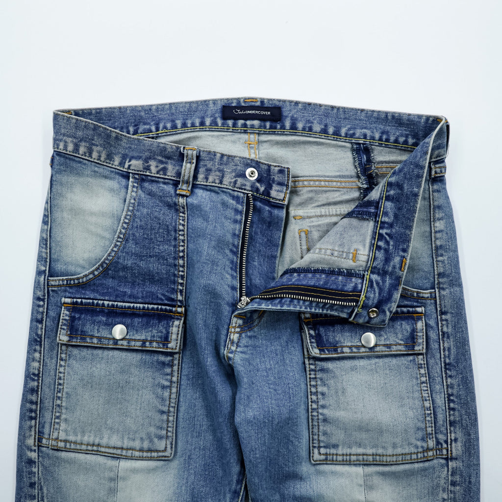 John UNDERCOVER デニムパンツ ジーンズ ブッシュパンツ M インディゴ ストレッチ カーゴポケット 切替 リメイク 再構築 JUQ4501-1 日本製