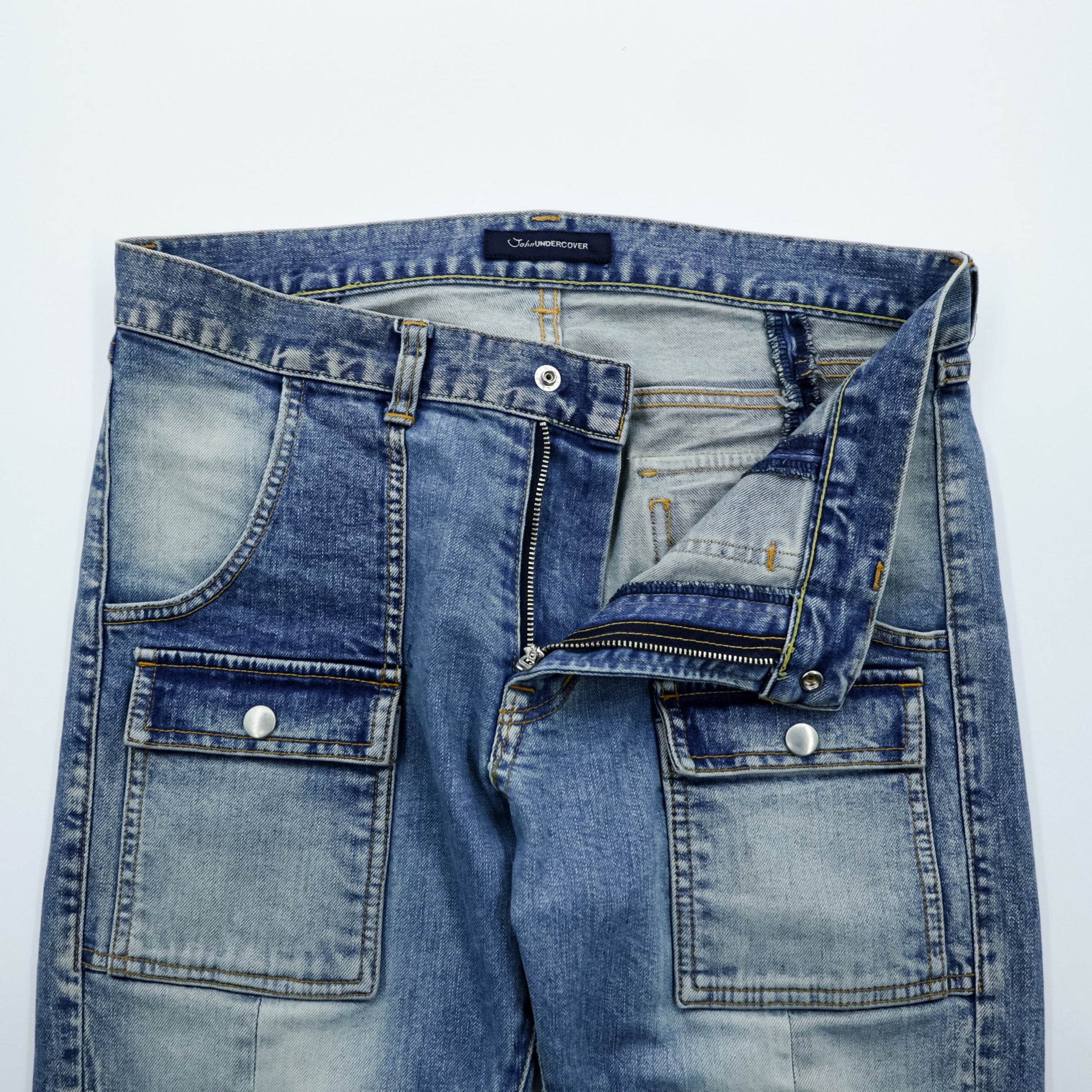 John UNDERCOVER デニムパンツ ジーンズ ブッシュパンツ M インディゴ ストレッチ カーゴポケット 切替 リメイク 再構築 JUQ4501-1 日本製