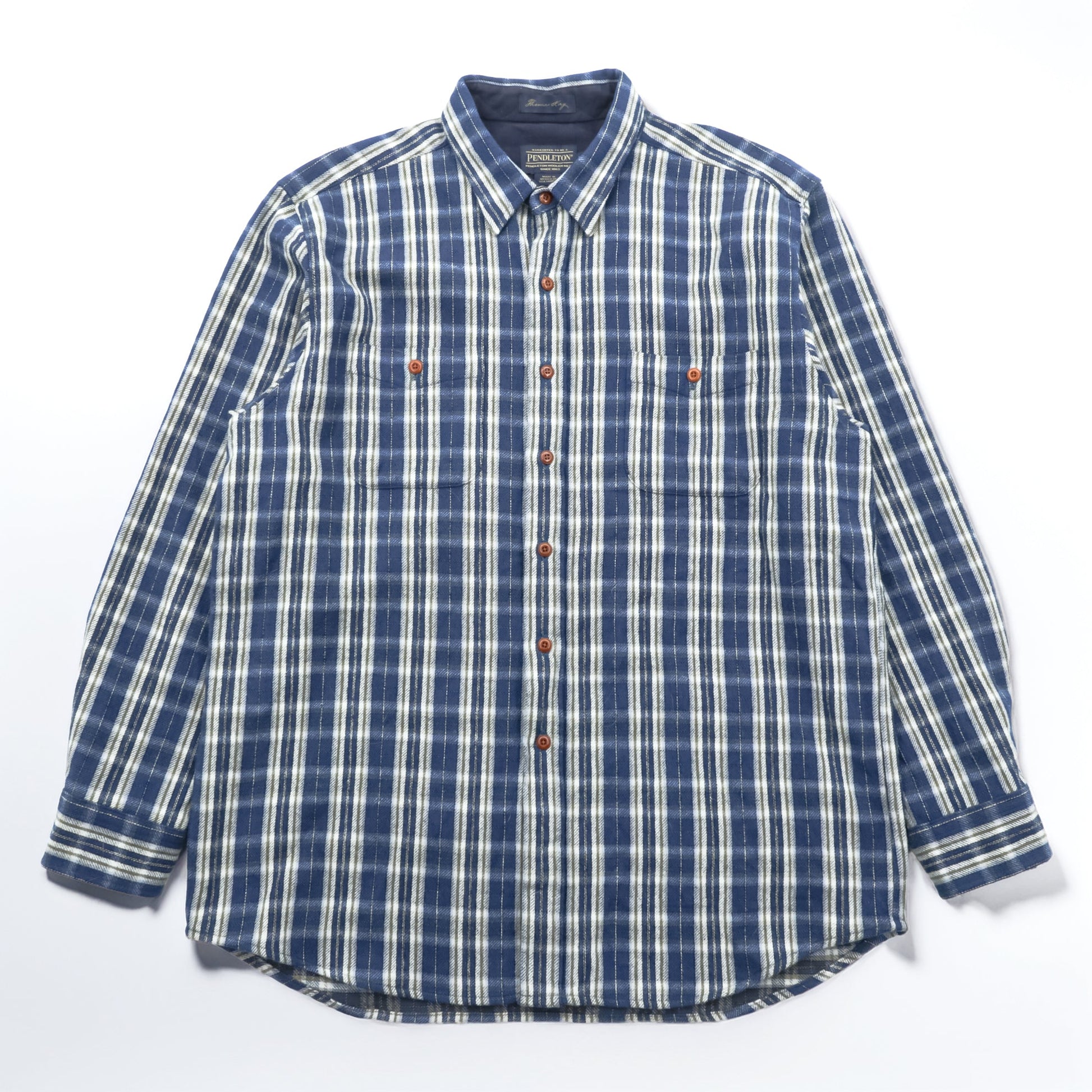 PENDLETON フランネルシャツ XL ブルー チェック Thomas Kay Collection エルボーパッチ 胸ポケット