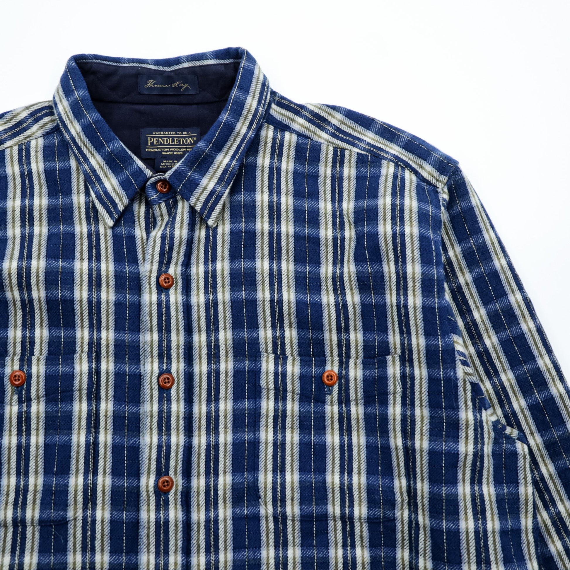 PENDLETON フランネルシャツ XL ブルー チェック Thomas Kay Collection エルボーパッチ 胸ポケット