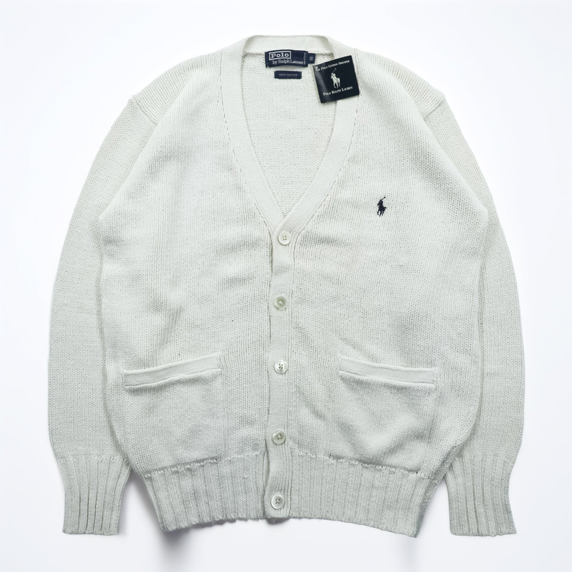 Polo Ralph Lauren 90年代 ニット Vネック カーディガン S ホワイト コットン ポケット 未使用品