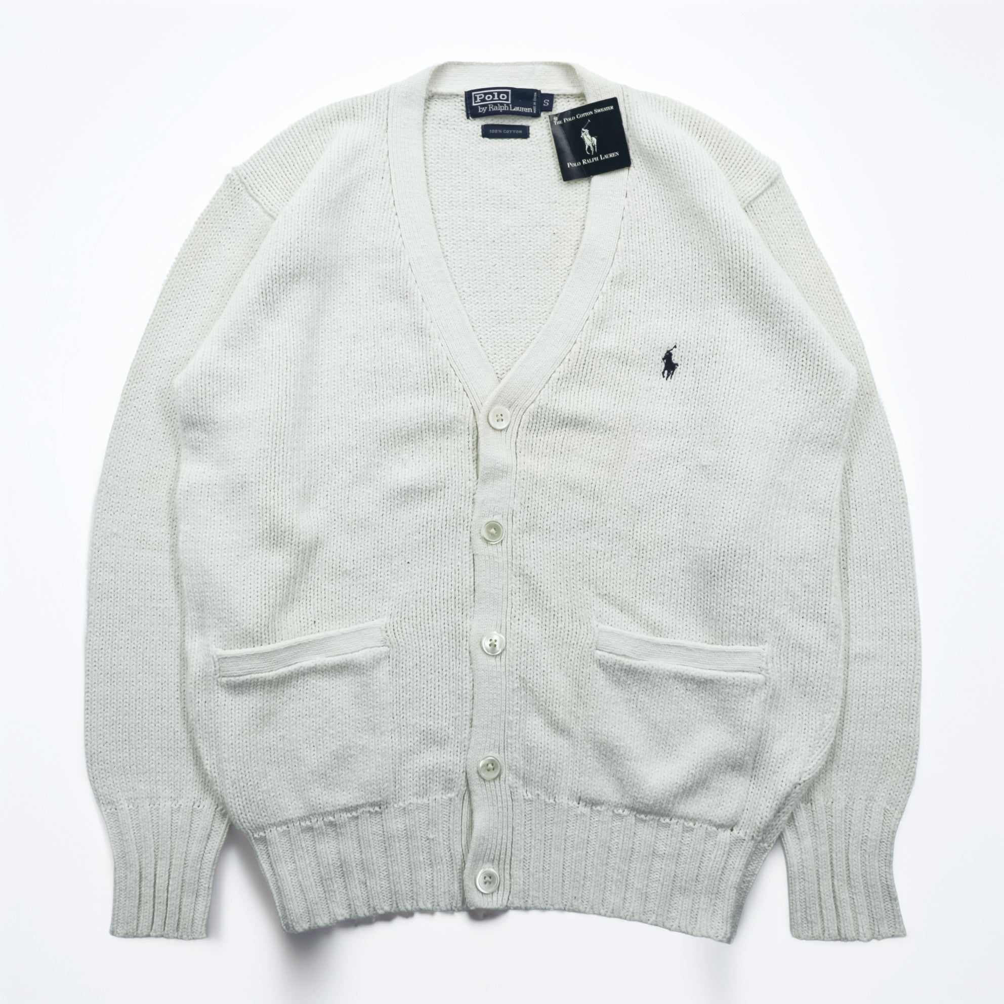 Polo Ralph Lauren 90年代 ニット Vネック カーディガン S ホワイト コットン ポケット 未使用品
