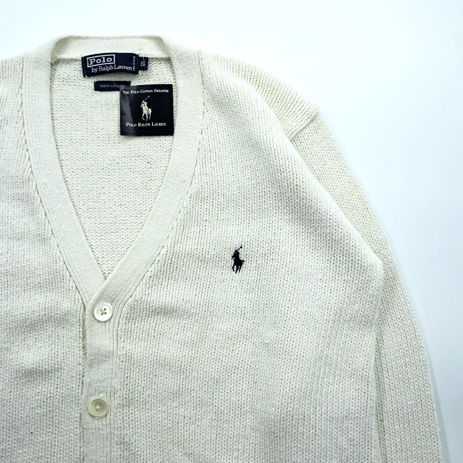 Polo Ralph Lauren 90年代 ニット Vネック カーディガン S ホワイト コットン ポケット 未使用品