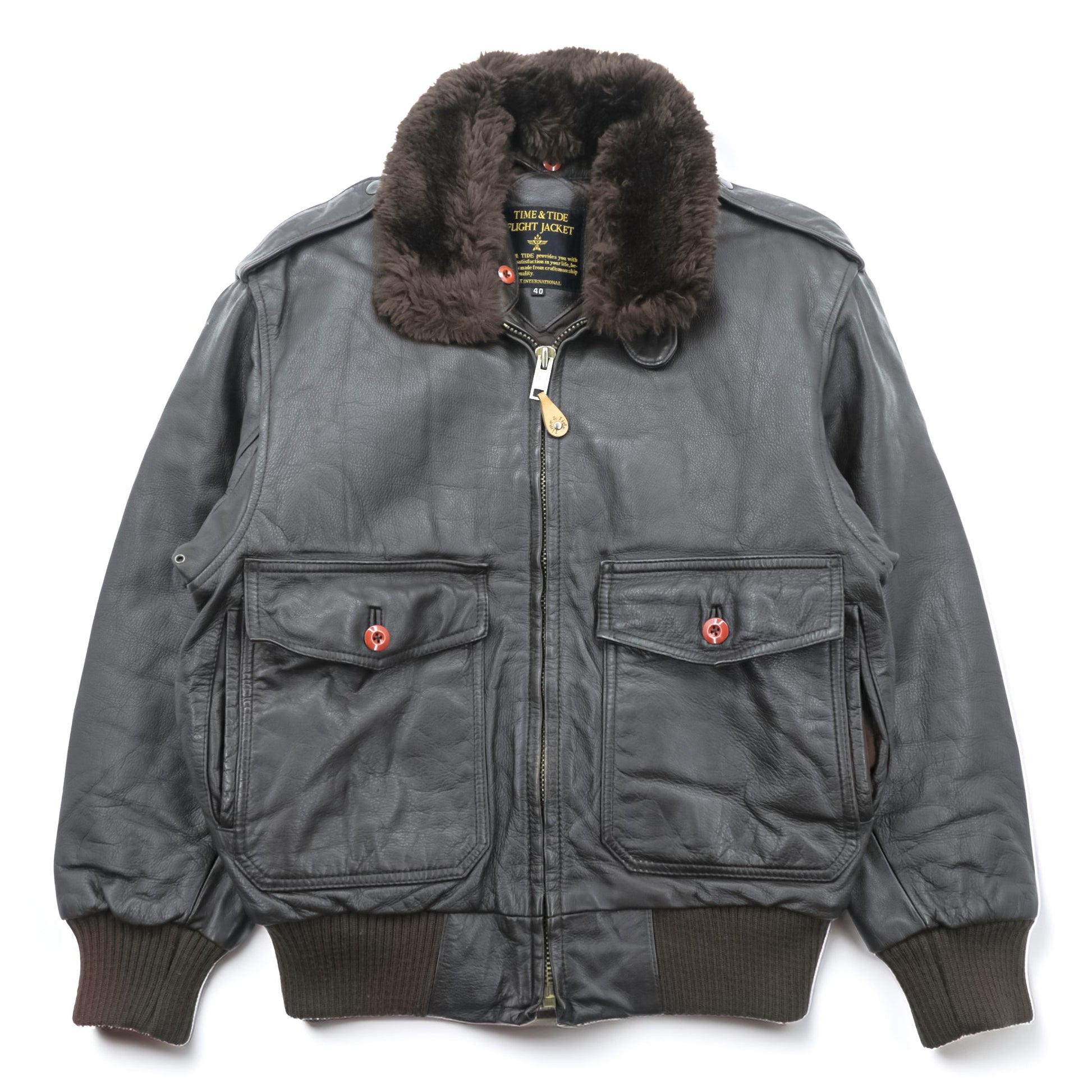 TIME & TIDE 90年代 ヴィンテージ G-1 レザー フライトジャケット L ブラウン 中綿 エポレット チンストラップ 襟ボア着脱式