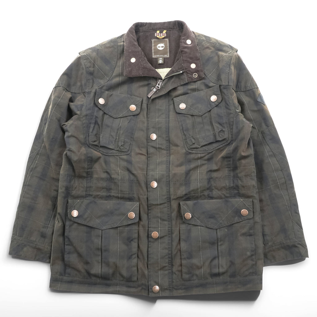 Timberland × British Millerain オイルド ハンティングジャケット L チェック チンストラップ 襟コーデュロイ 英国製生地 ワックスコットン