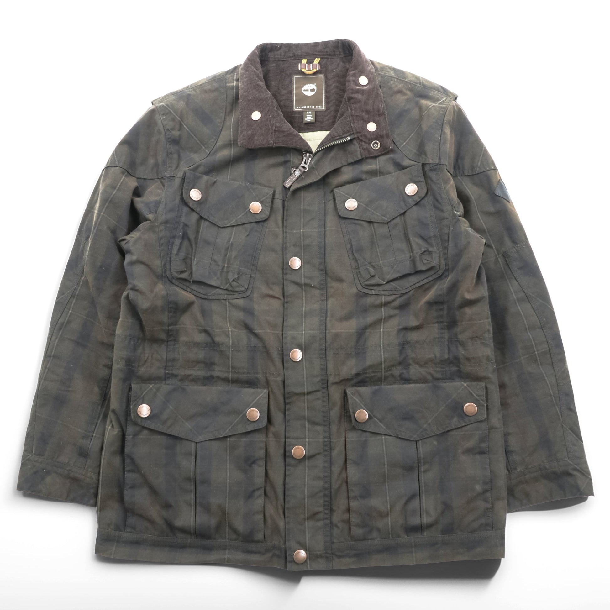 Timberland × British Millerain オイルド ハンティングジャケット L チェック チンストラップ 襟コーデュロイ 英国製生地 ワックスコットン