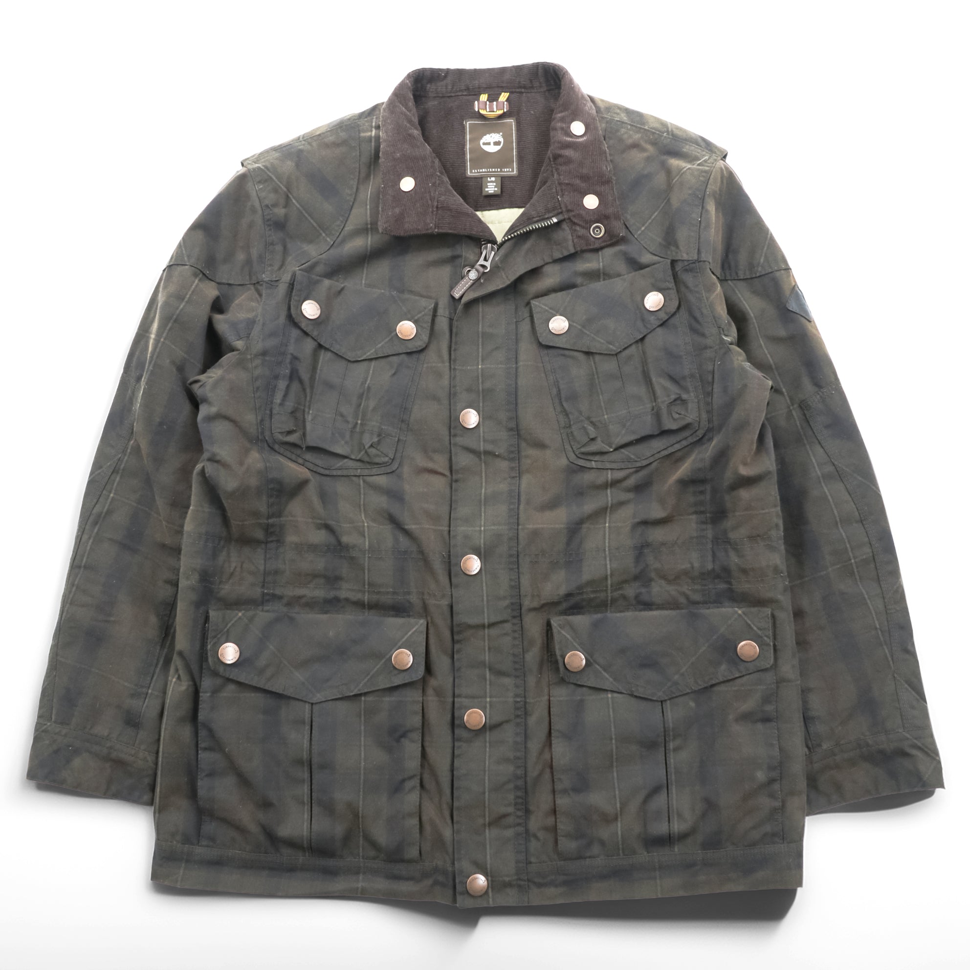 Timberland × British Millerain オイルド ハンティングジャケット L チェック チンストラップ 襟コーデュロイ 英国製生地 ワックスコットン