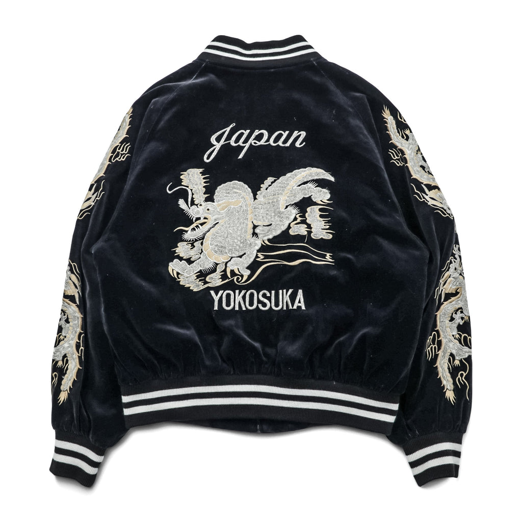 LONDON F.B. 80年代 日本製 ヴィンテージ ベロア 別珍 スカジャン スーベニアジャケット L ブラック 龍 刺繍 JAPAN YOKOSUKA