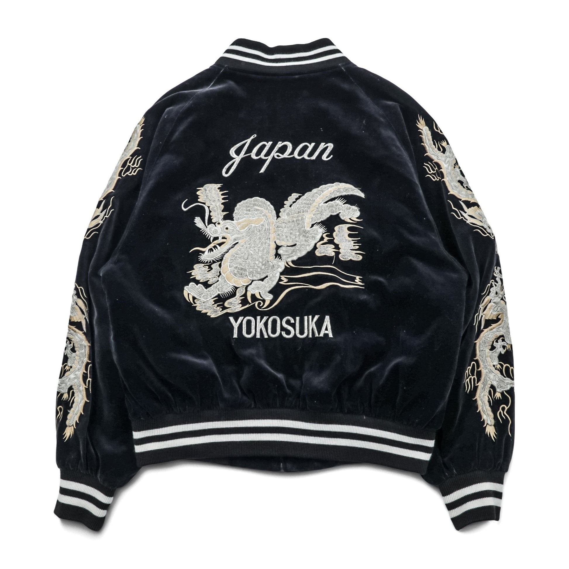 LONDON F.B. 80年代 日本製 ヴィンテージ ベロア 別珍 スカジャン スーベニアジャケット L ブラック 龍 刺繍 JAPAN YOKOSUKA