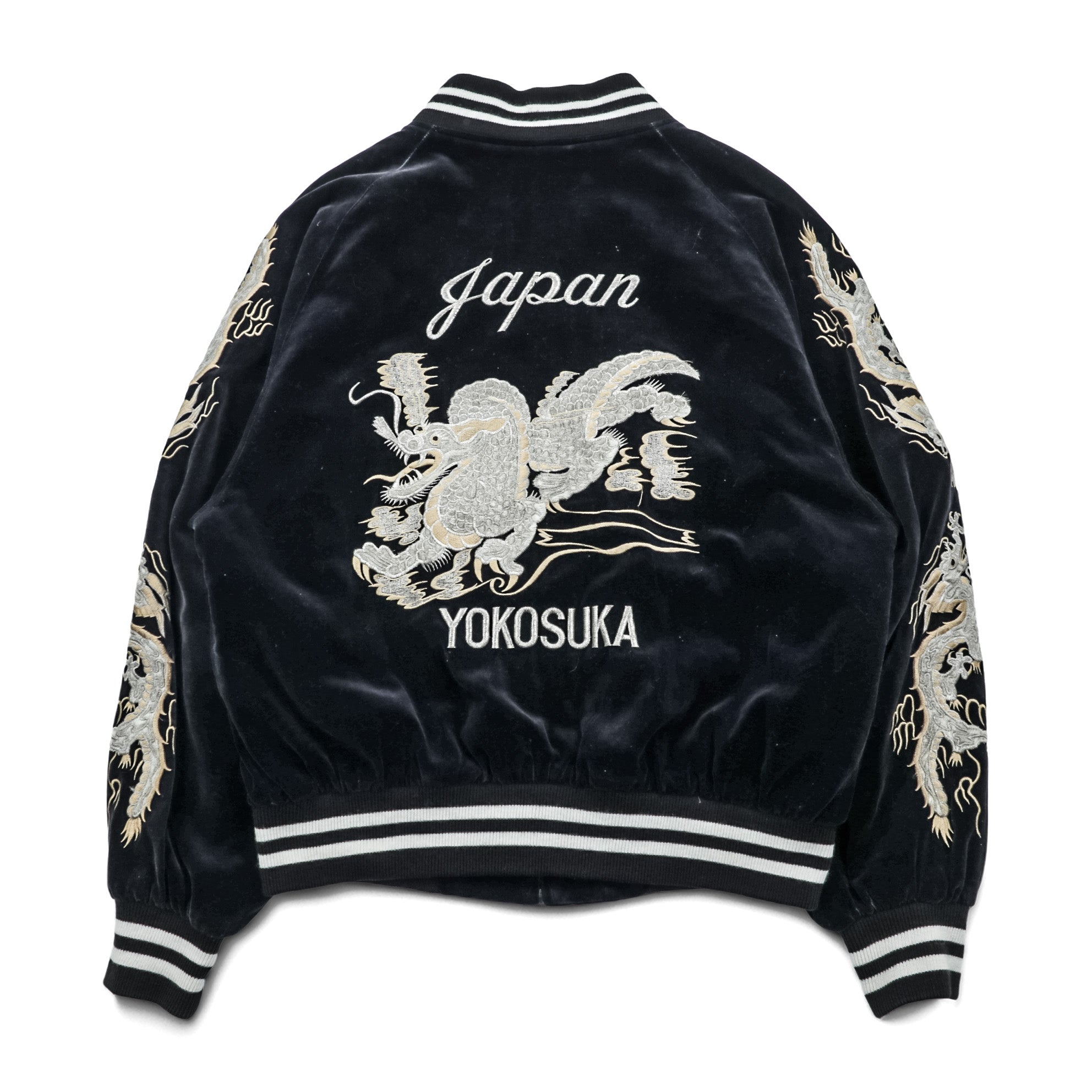 LONDON F.B. 80年代 日本製 ヴィンテージ ベロア 別珍 スカジャン スーベニアジャケット L ブラック 龍 刺繍 JAPAN YOKOSUKA