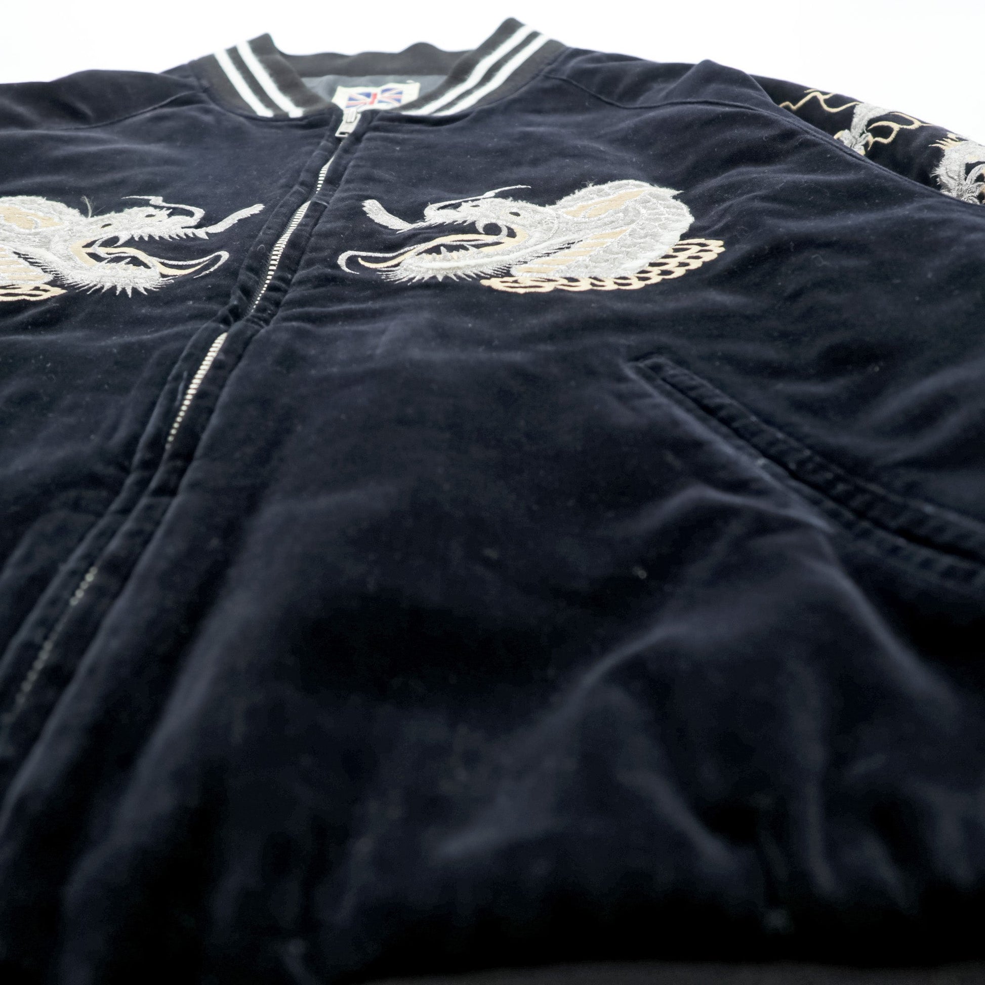 LONDON F.B. 80年代 日本製 ヴィンテージ ベロア 別珍 スカジャン スーベニアジャケット L ブラック 龍 刺繍 JAPAN YOKOSUKA