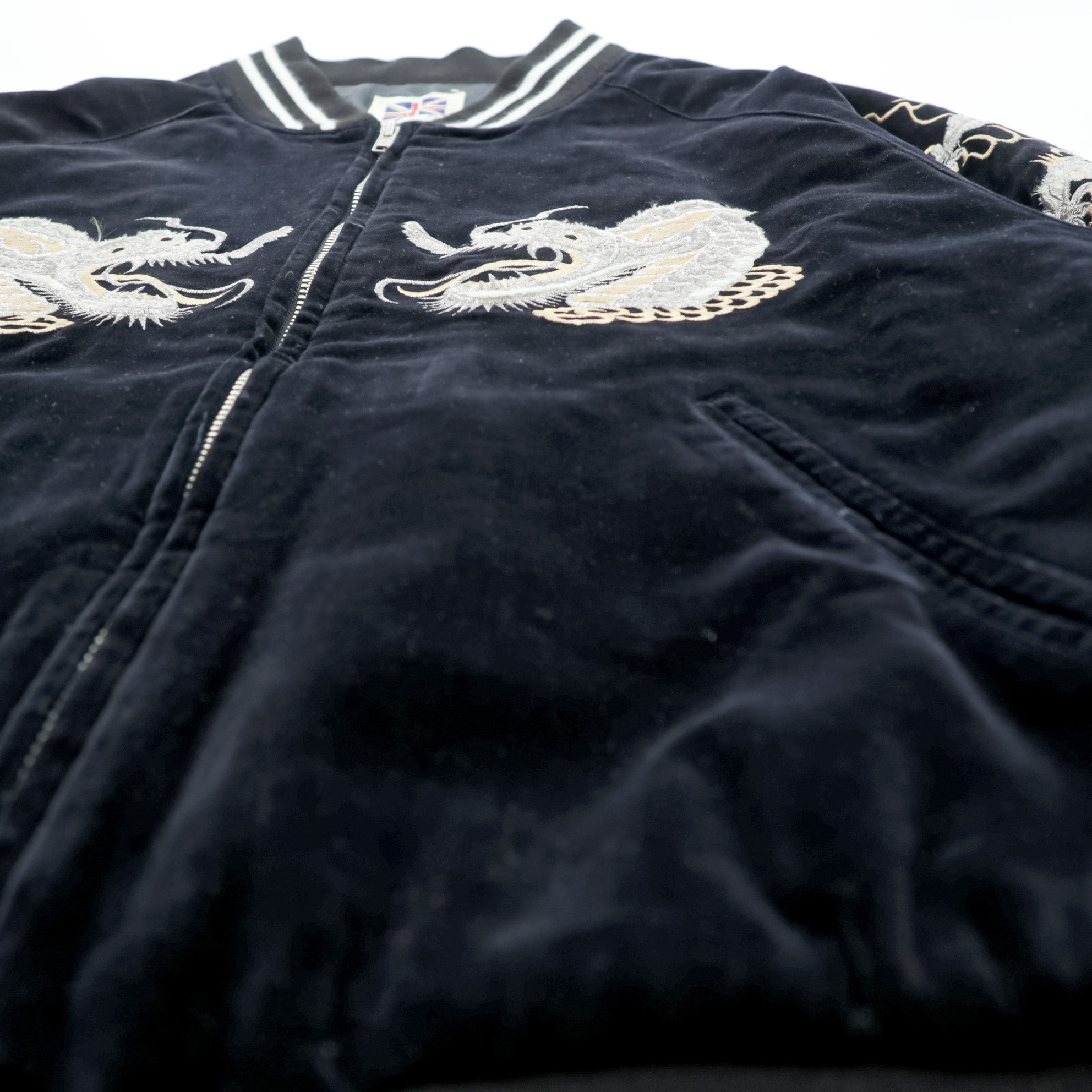 LONDON F.B. 80年代 日本製 ヴィンテージ ベロア 別珍 スカジャン スーベニアジャケット L ブラック 龍 刺繍 JAPAN YOKOSUKA