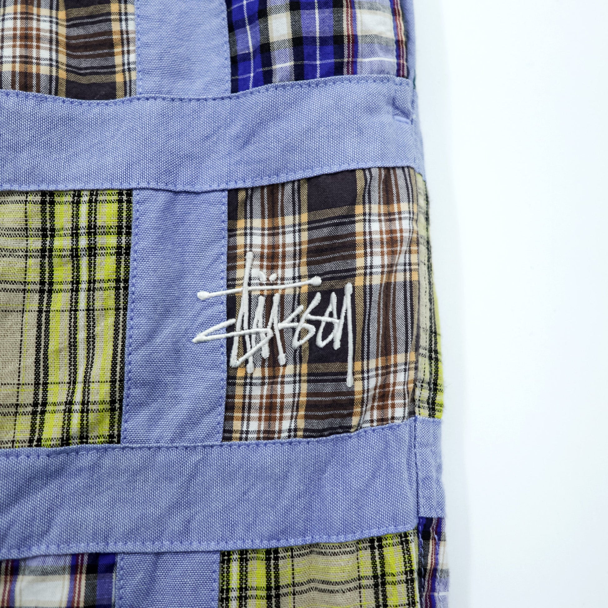 STUSSY パッチワーク イージーパンツ M ブルー マルチカラー マドラスチェック