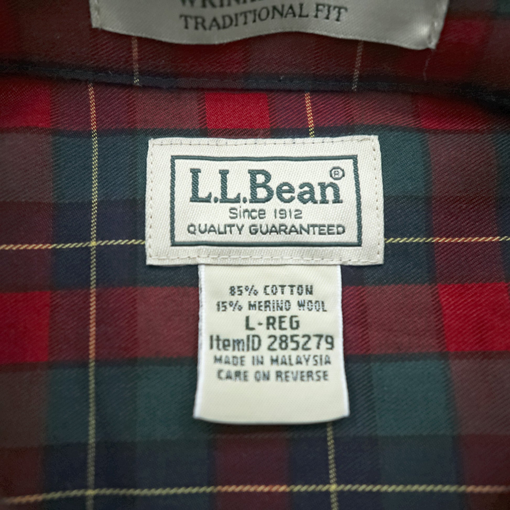 L.L.Bean メリノウール ボタンダウンシャツ L チェック 胸ポケット TRADITIONAL FIT 285279 WRINKLE FREE