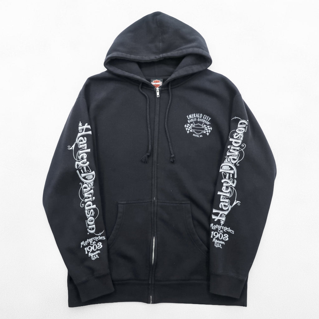 HARLEY DAVIDSON ジップパーカー L ブラック スリーブ プリント バックロゴ Bravado製 EMERALD CITY