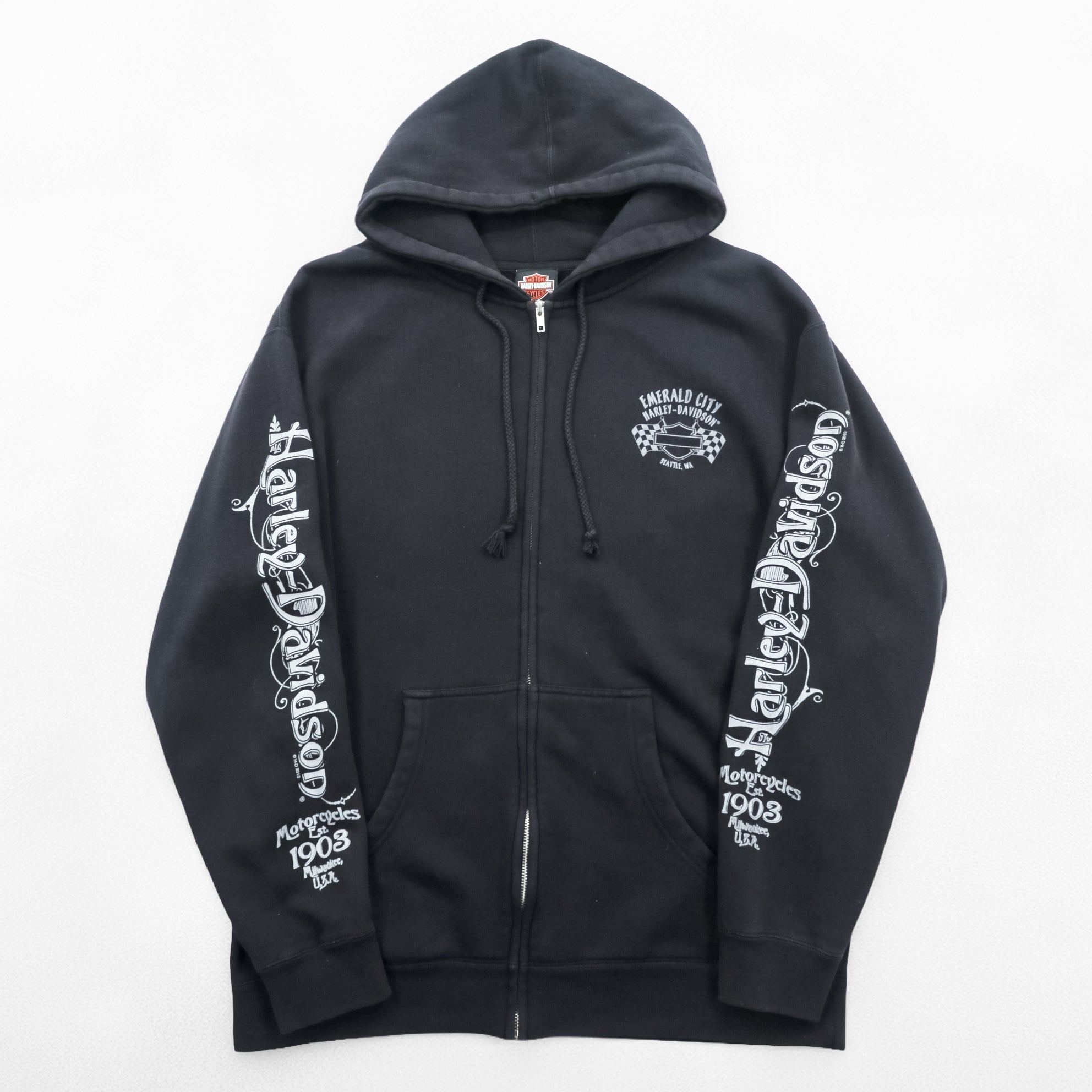 HARLEY DAVIDSON ジップパーカー L ブラック スリーブ プリント バックロゴ Bravado製 EMERALD CITY