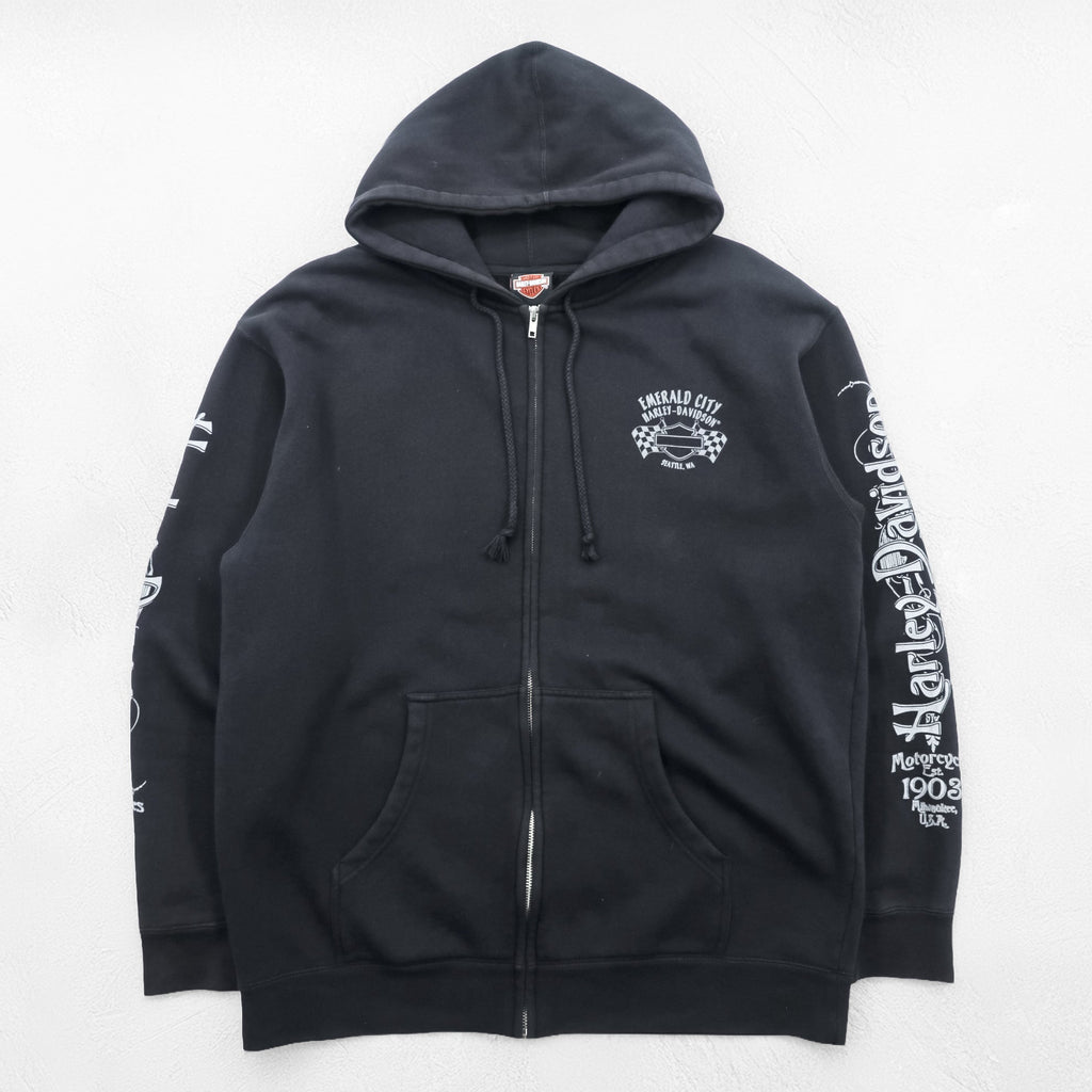 HARLEY DAVIDSON ジップパーカー L ブラック スリーブ プリント バックロゴ Bravado製 EMERALD CITY