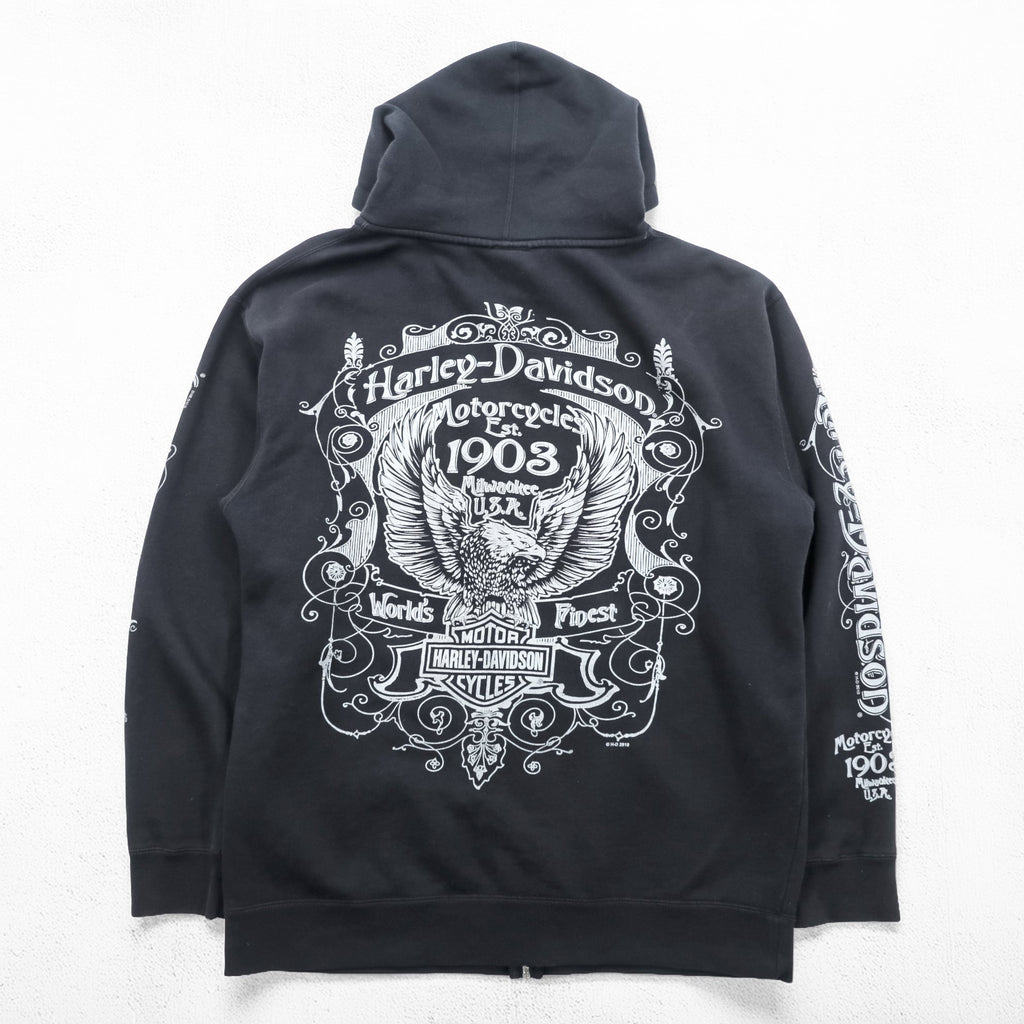 HARLEY DAVIDSON ジップパーカー L ブラック スリーブ プリント バックロゴ Bravado製 EMERALD CITY