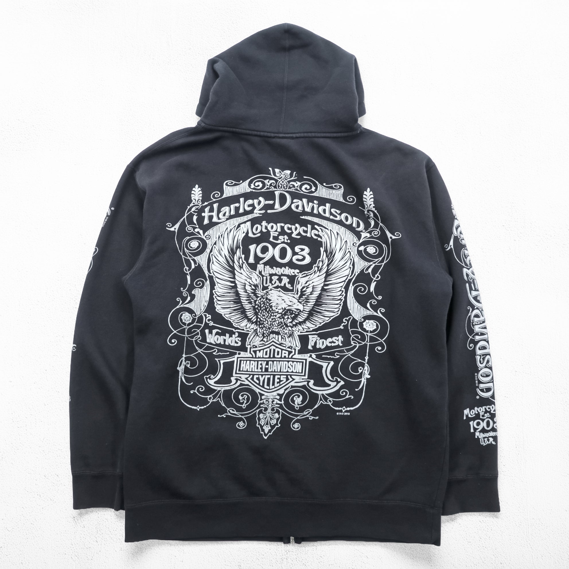 HARLEY DAVIDSON ジップパーカー L ブラック スリーブ プリント バックロゴ Bravado製 EMERALD CITY
