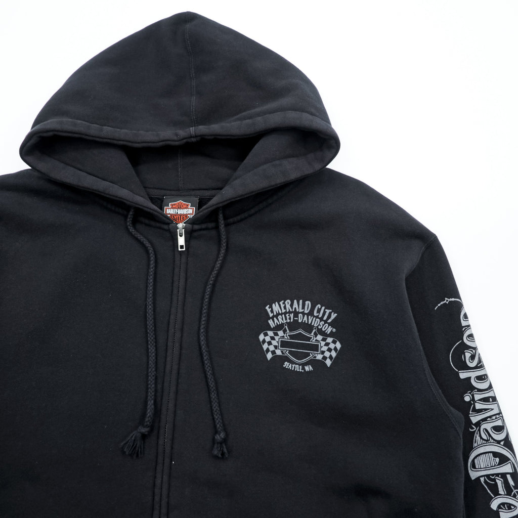 HARLEY DAVIDSON ジップパーカー L ブラック スリーブ プリント バックロゴ Bravado製 EMERALD CITY