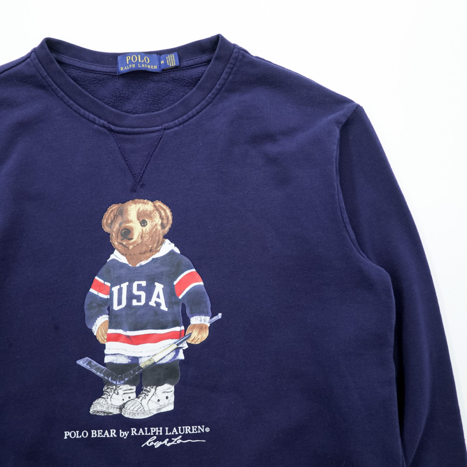 Polo Ralph Lauren ポロベア 前V スウェット トレーナー M ネイビー USA ホッケー コットン クルーネック
