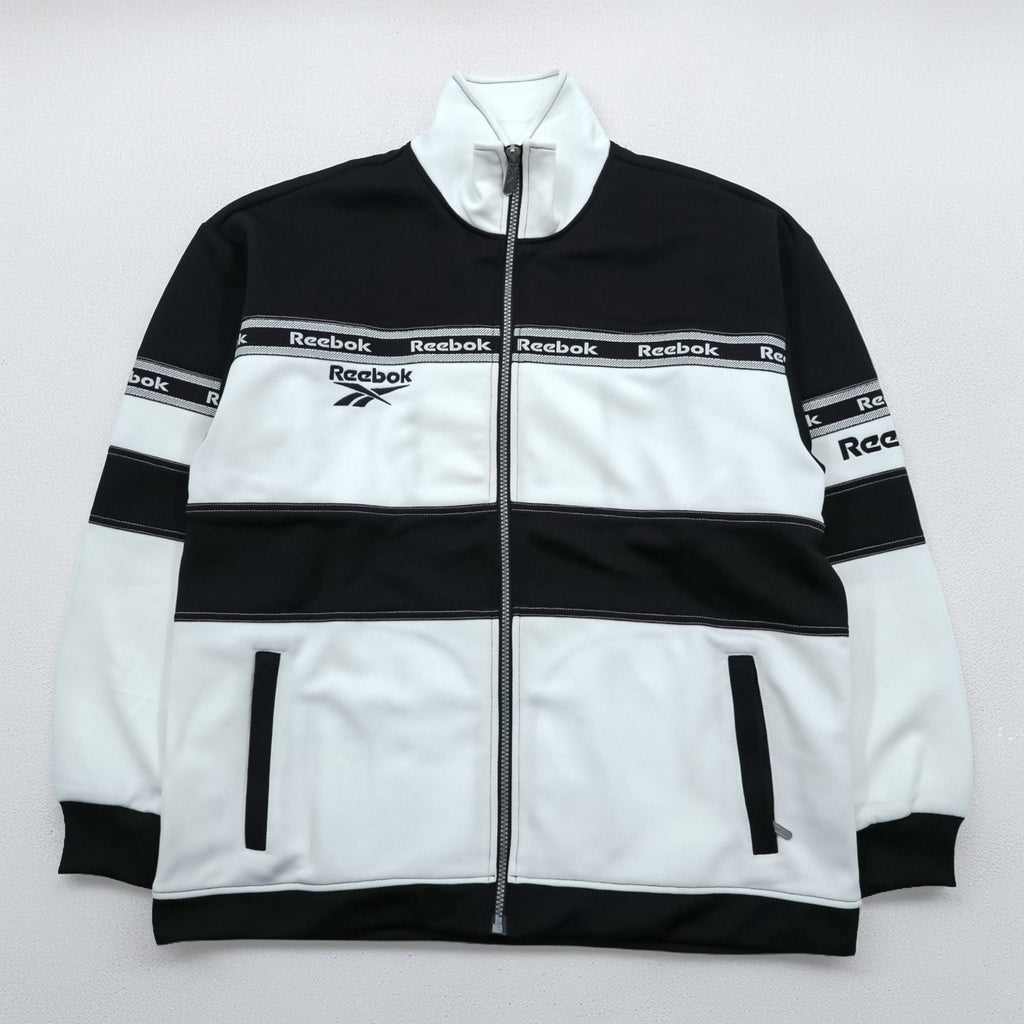 Reebok 90年代 トラックジャケット ジャージ M ホワイト ブラック ドローコード スタンドカラー フルジップ