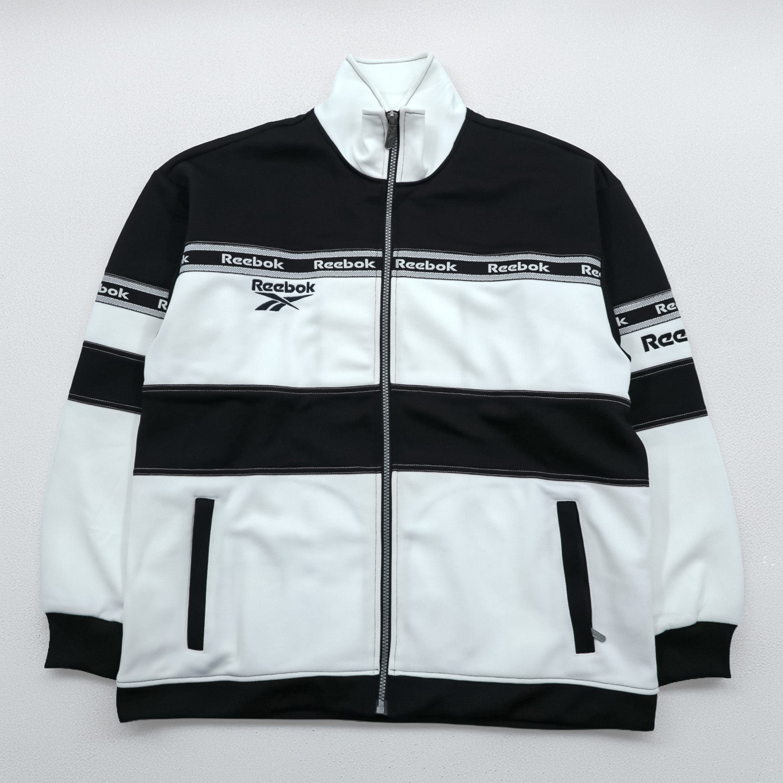 Reebok 90年代 トラックジャケット ジャージ M ホワイト ブラック ドローコード スタンドカラー フルジップ