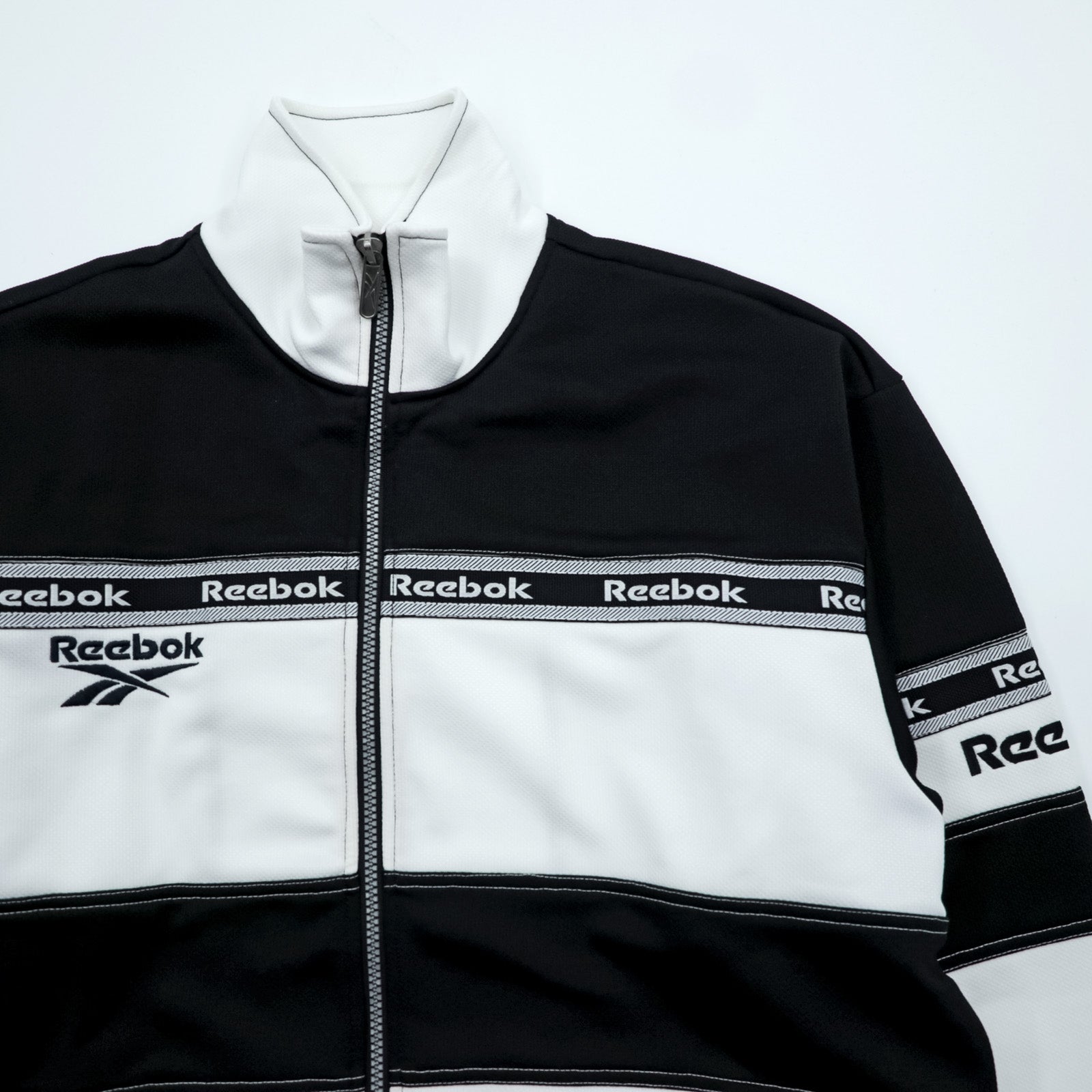 Reebok 90年代 トラックジャケット ジャージ M ホワイト ブラック ドローコード スタンドカラー フルジップ