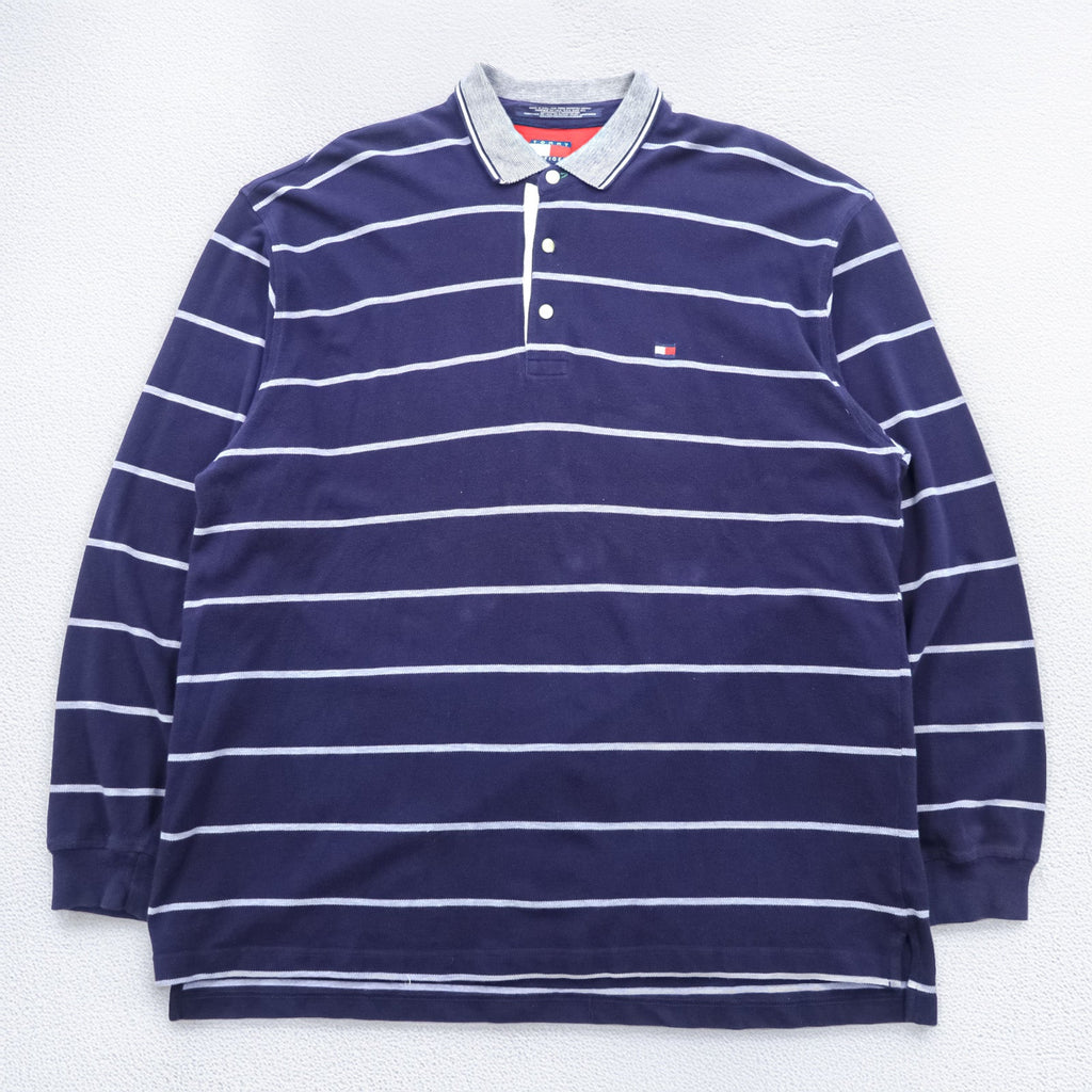 TOMMY HILFIGER 90年代 USA製 ラガーシャツ 長袖 ポロシャツ 2XL ボーダー ネイビー コットン ビッグサイズ