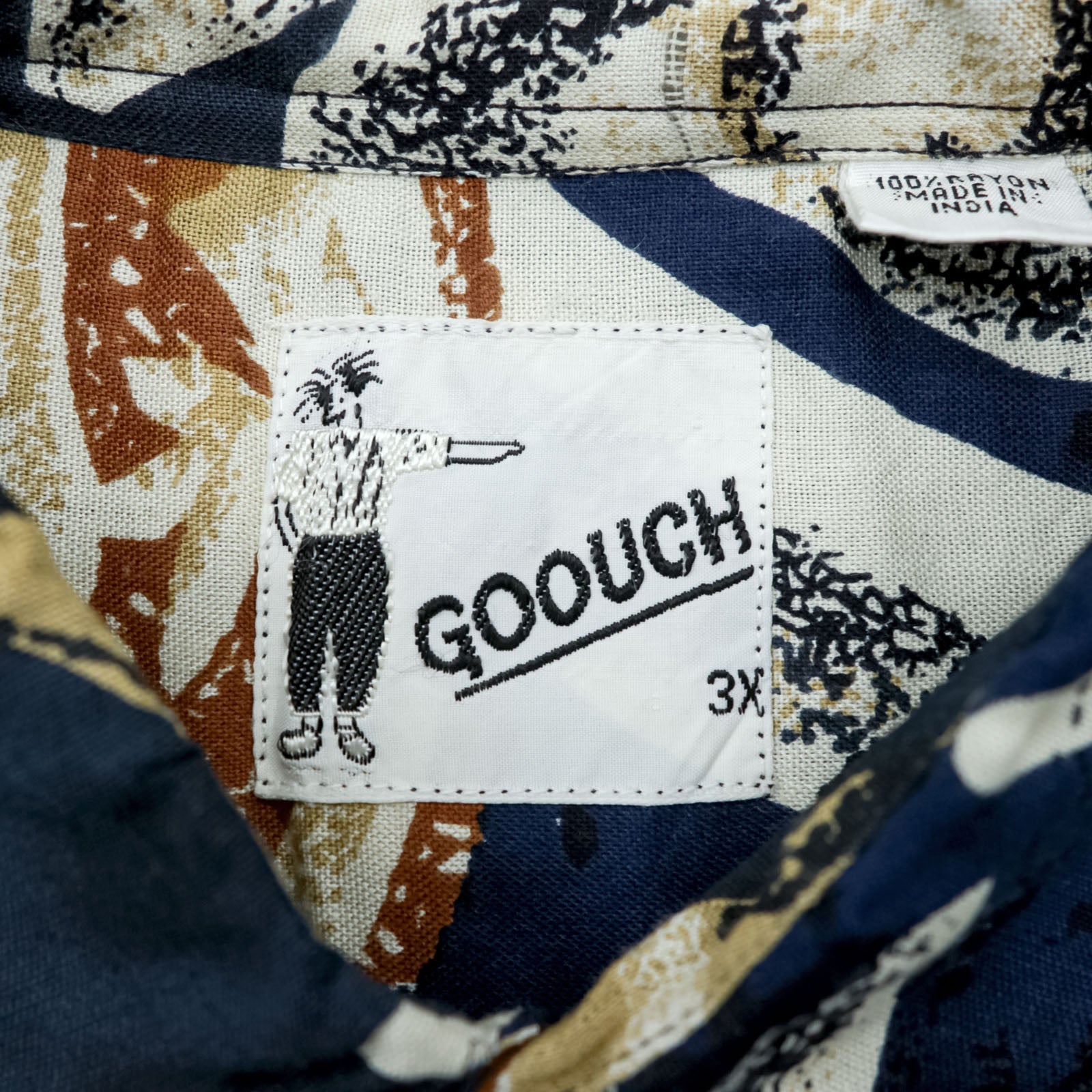 GOOUCH 90年代 総柄 シャツ 長袖 レーヨンシャツ 3XL ネイビー 胸ポケット 漢字 ビッグサイズ