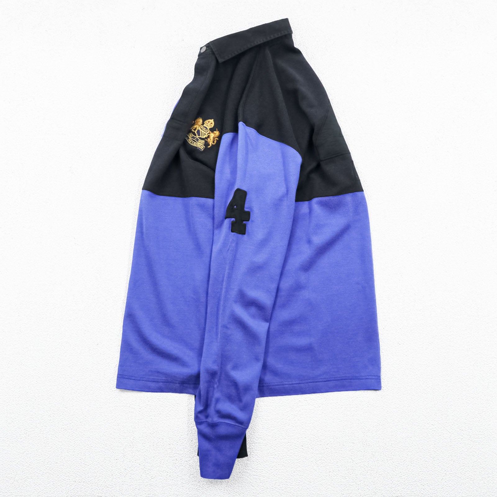 Polo Ralph Lauren 90年代 長袖 ポロシャツ ラガーシャツ M ブラック ブルー カラーブロック エンブレムロゴ ナンバリング
