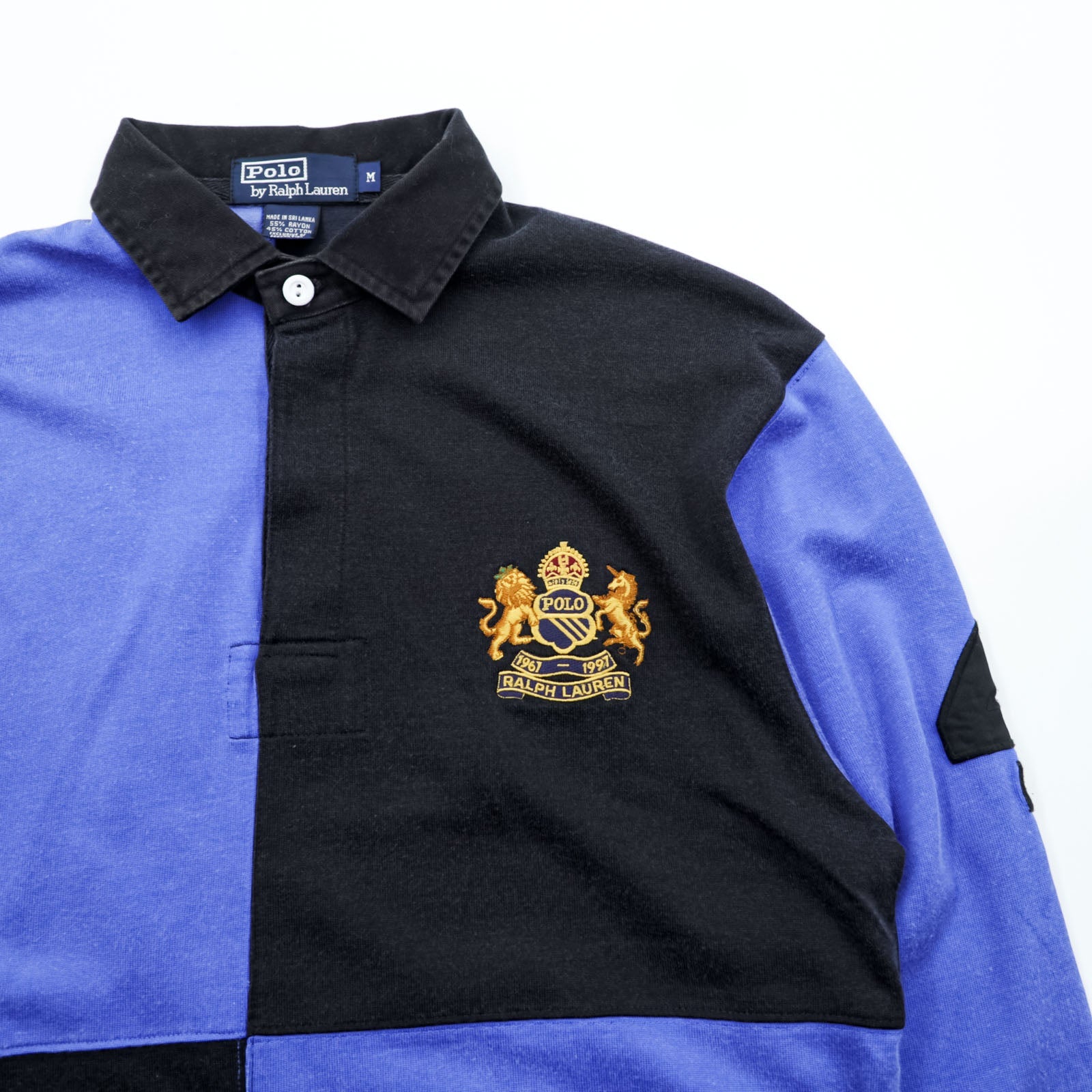 Polo Ralph Lauren 90年代 長袖 ポロシャツ ラガーシャツ M ブラック ブルー カラーブロック エンブレムロゴ ナンバリング