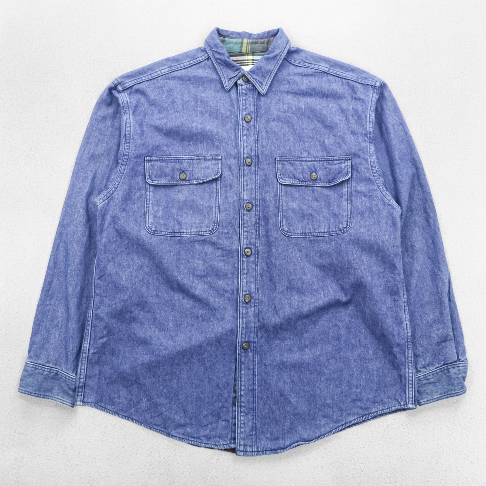 Eddie Bauer 90年代 USA製 デニム ワークシャツ L インディゴ 胸ポケット フランネルチェック 裏地